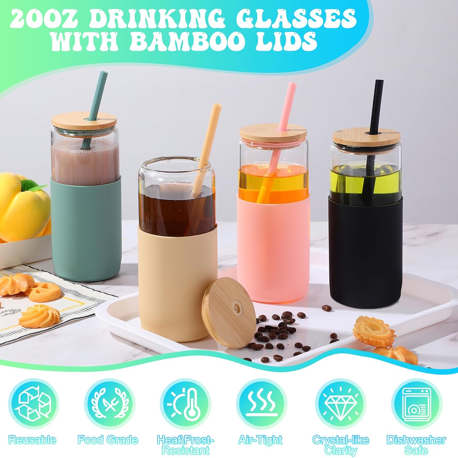 4 Pack 20 oz Glass Cups with Lids and Straws, Iced Coffee Cup Smoothie Cup with Silicone Sleeve Drinking Glasses