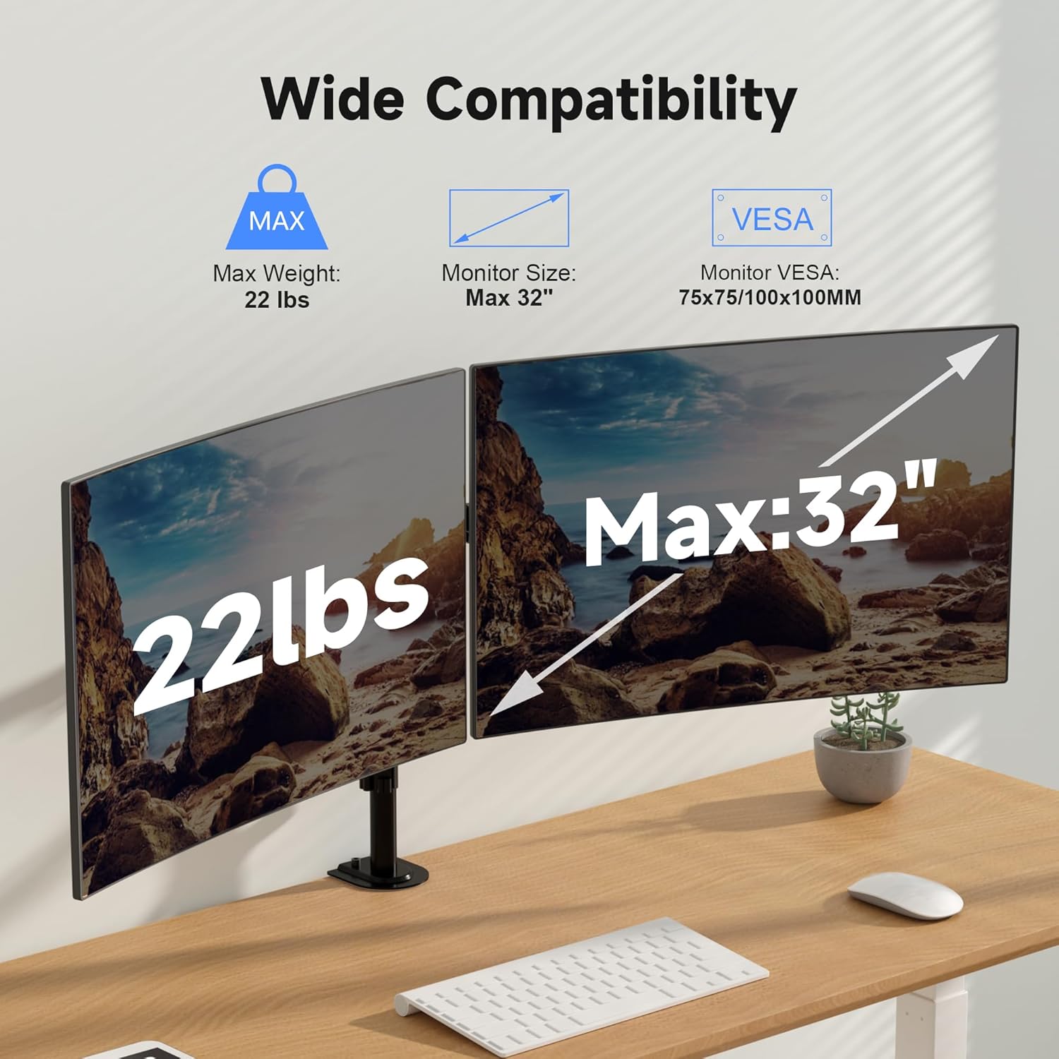Dual Monitor Mount for 2 Screens up to 32 Inches and 22lbs Each | Adjustable Monitor stand, Tilt, Swivel, Rotate