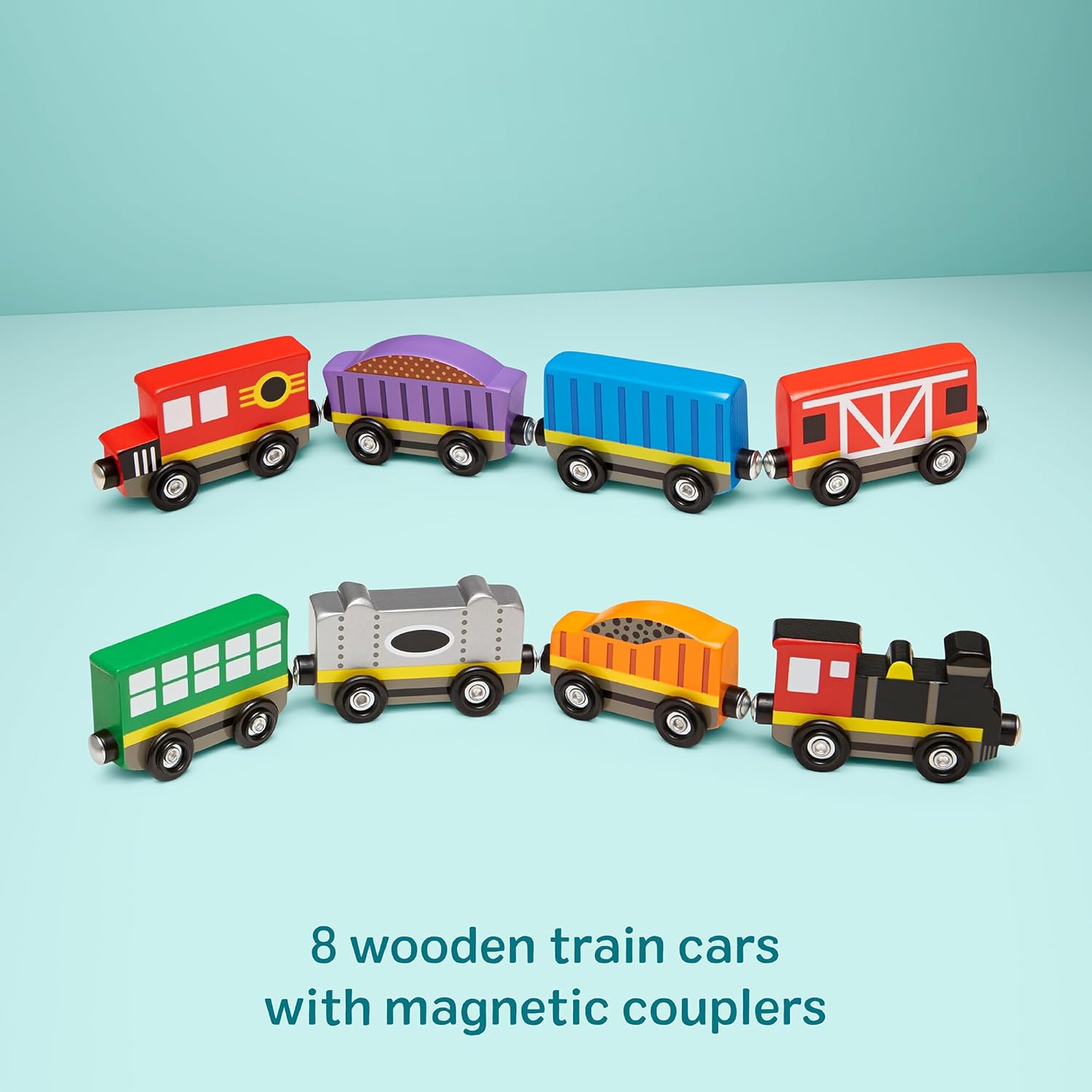 Melissa & Doug Wooden Train Cars, 8-Piece Magnetic Train Set with Toy Storage Tray, Steam Engine, Caboose, Coal &