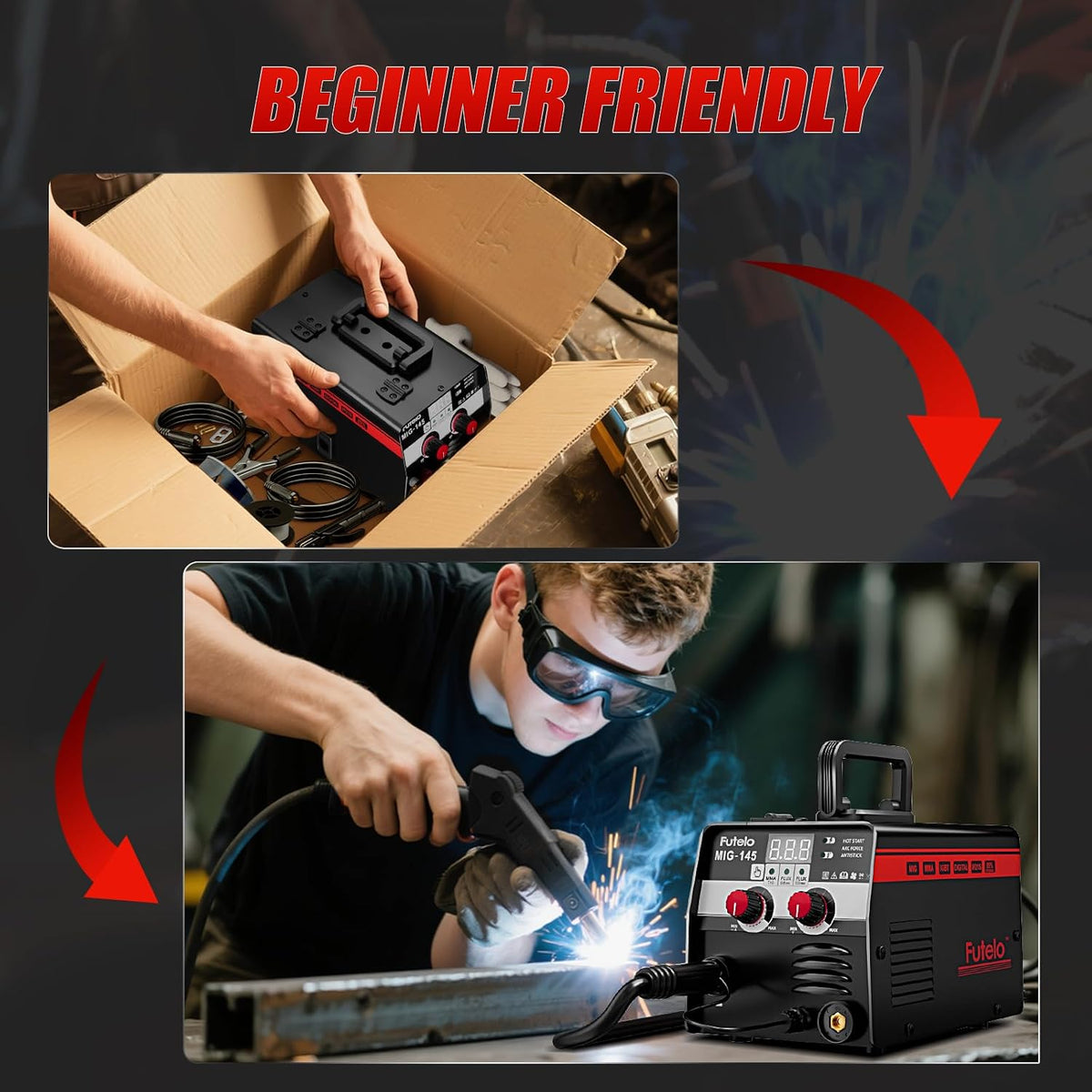 145A MIG Welder, 3 in 1 Flux Core/Lift TIG/Stick Welding Machine 110V IGBT Inverter Gasless Welder with Synergy