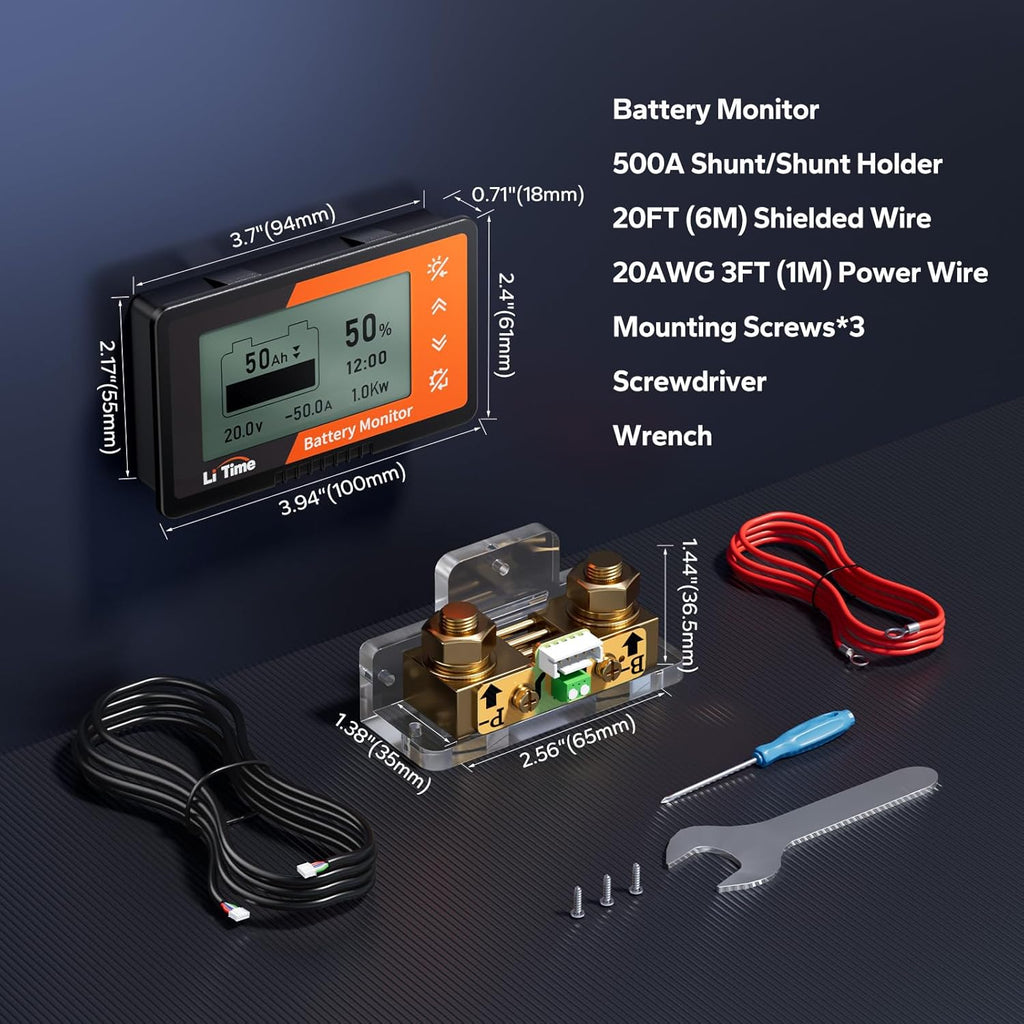 500A Battery Monitor with Shunt, 8V-120V, M8 Terminals, Buzzer Alarm | Monitoring Voltage, Current, Power, Capacity