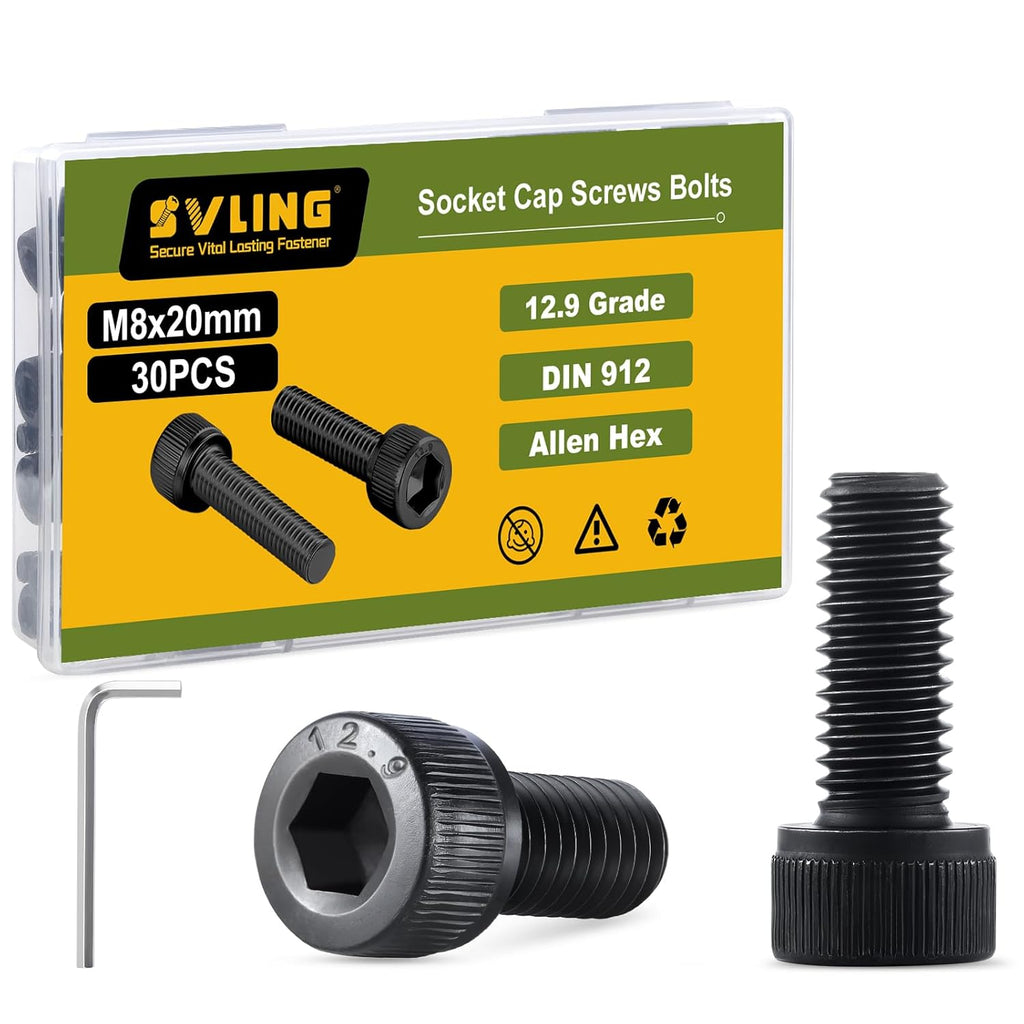 M8-1.25 x 20mm Bolt, 30PCS M8 Hex Socket Head Cap Screws Bolts, 12.9 Grade Alloy Steel, Full Threads, Allen Socket Drive, with Hex Spanner