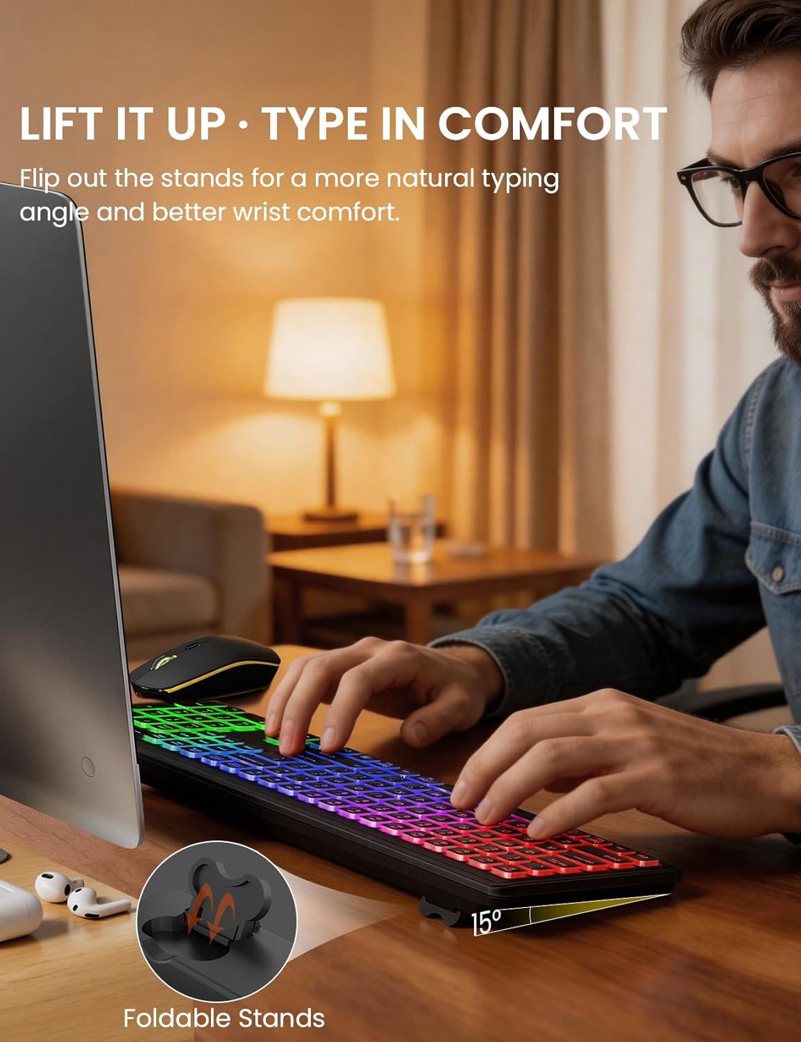 Wireless Keyboard and Mouse Combo with RGB Backlit, Rechargeable | Light Up Letters, Full-Size, Soft Typing, Sleep