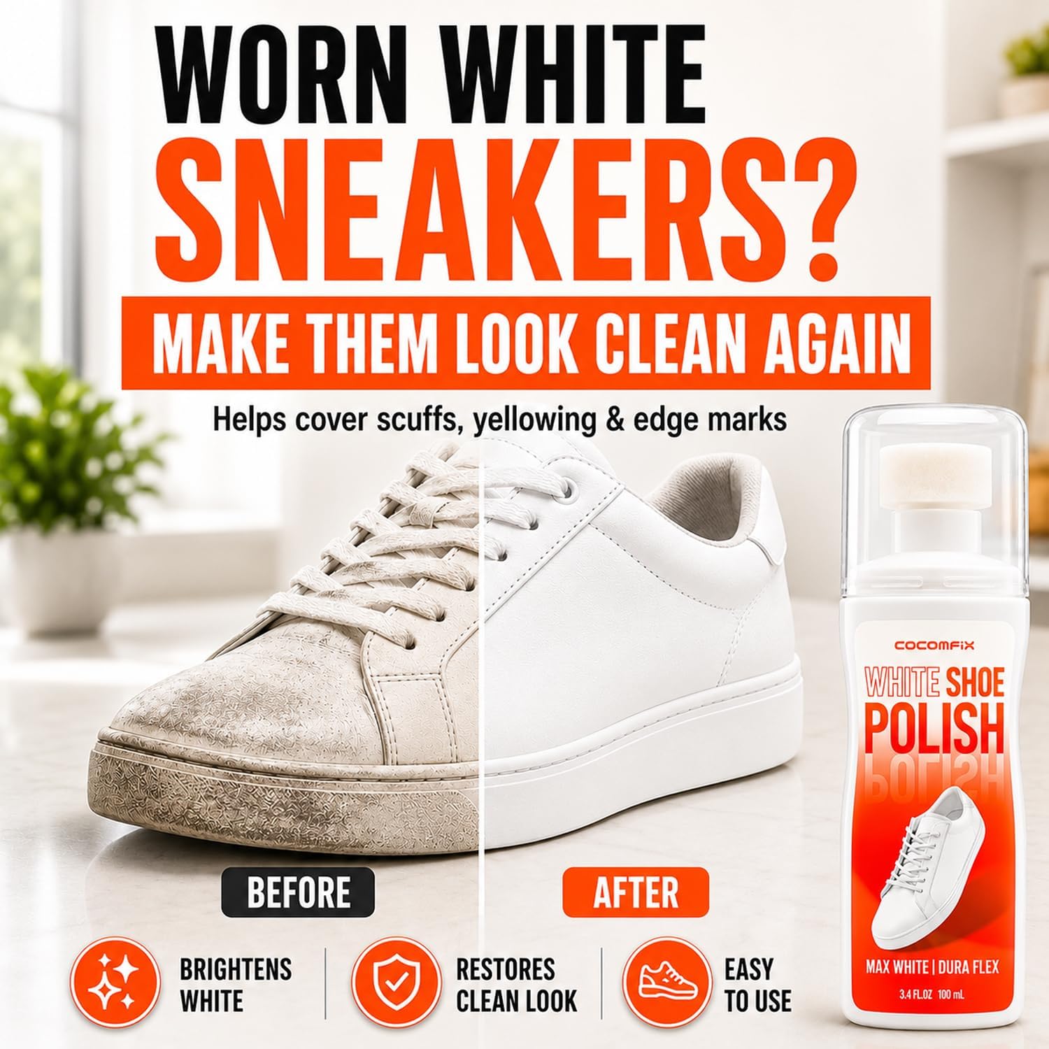 White Shoe Polish, Sneaker Whitener for Scuffs, Yellowing & Scratches | 3.4 fl oz White Shoe Paint for Yellowing