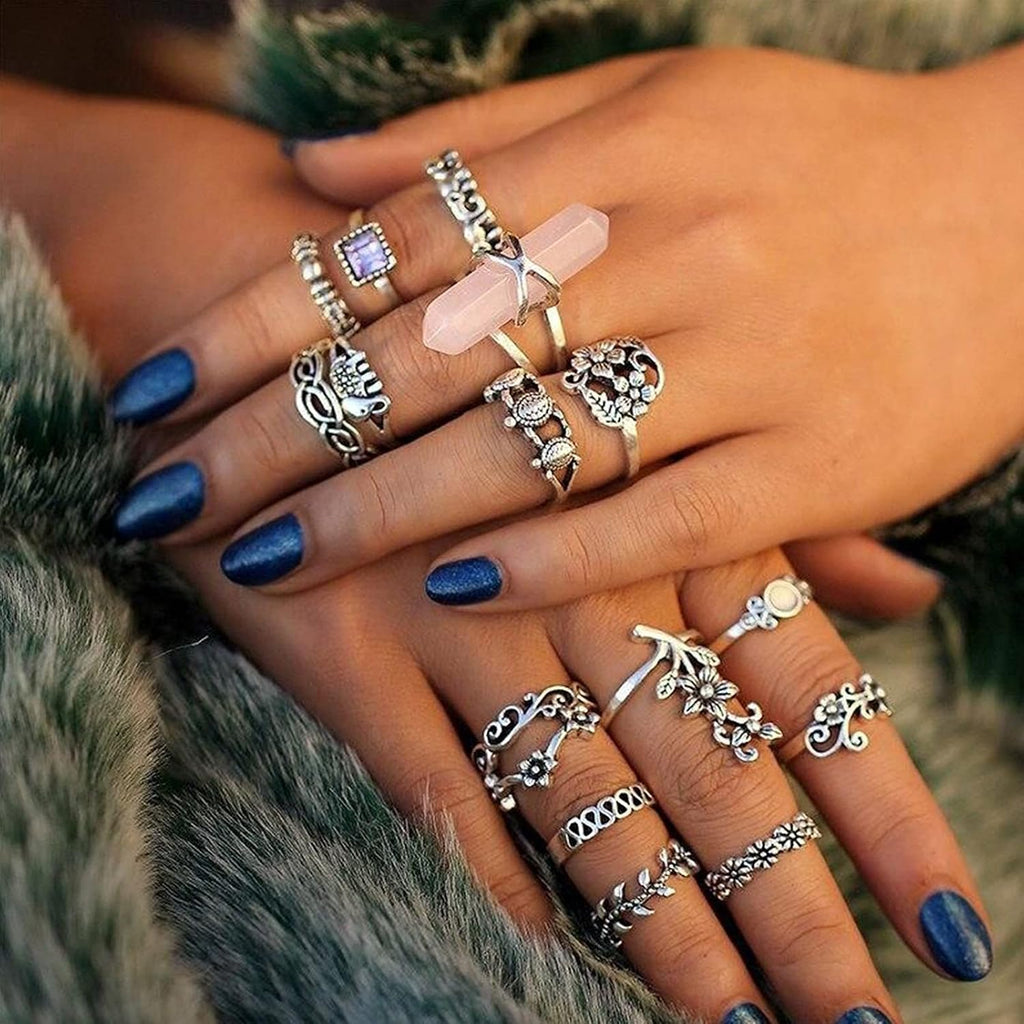 82 Pcs Vintage Silver Knuckle Rings Set for Women, Bohemian Stackable Joint Finger Rings, Retro Stone Crystal