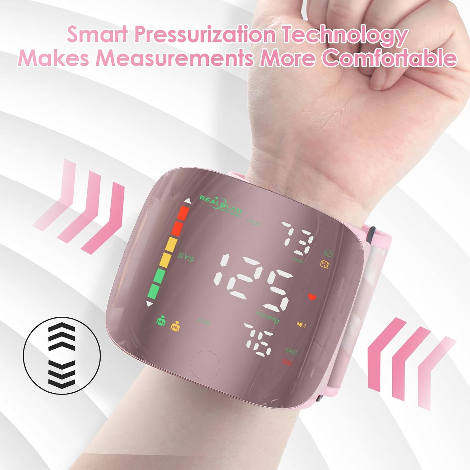 Wrist Blood Pressure Monitor with Curved Screen, Portable, Pink