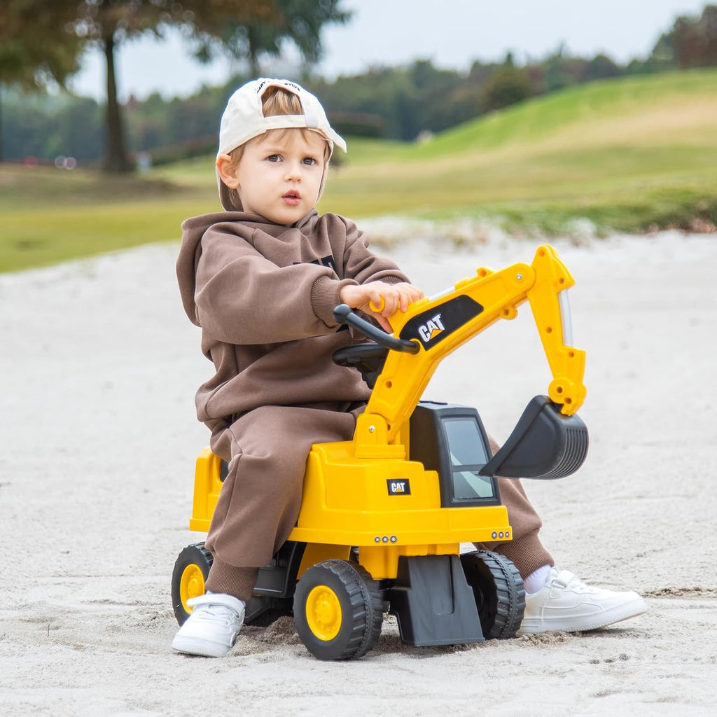 Licensed Caterpillar Ride on Excavator, Toddler Ride on Push Car with Digging Bucket, Under Seat Storage, Foot to