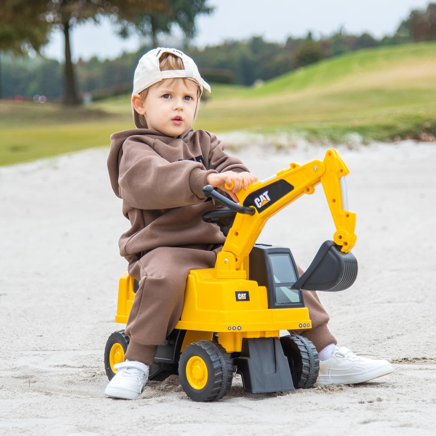 Licensed Caterpillar Ride on Excavator, Toddler Ride on Push Car with Digging Bucket, Under Seat Storage, Foot to