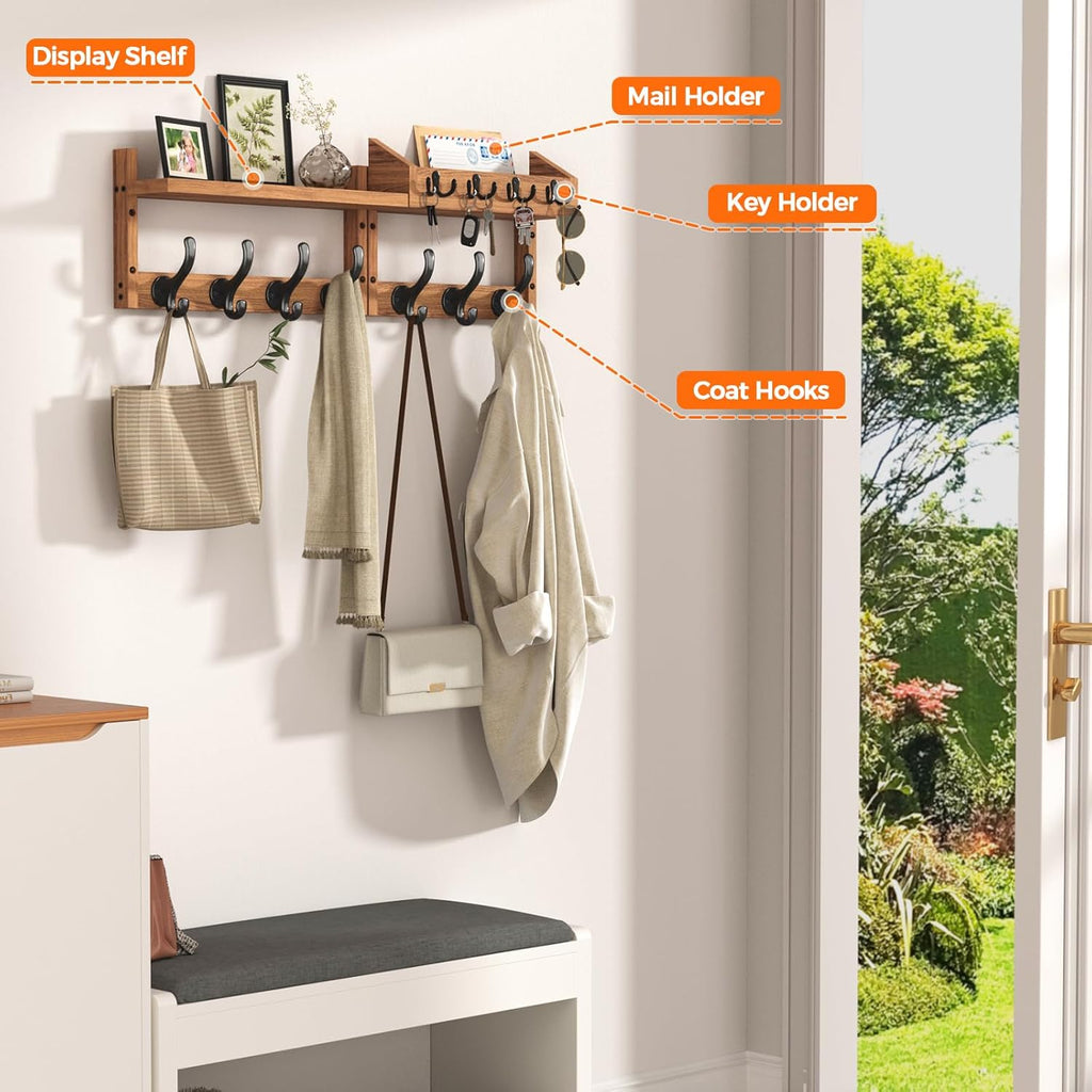 29" Coat Rack Wall Mount with Shelf, 4 in 1 Wall Mounted Coat and Key Hanger with 11 Hooks, Entryway Key Holder with