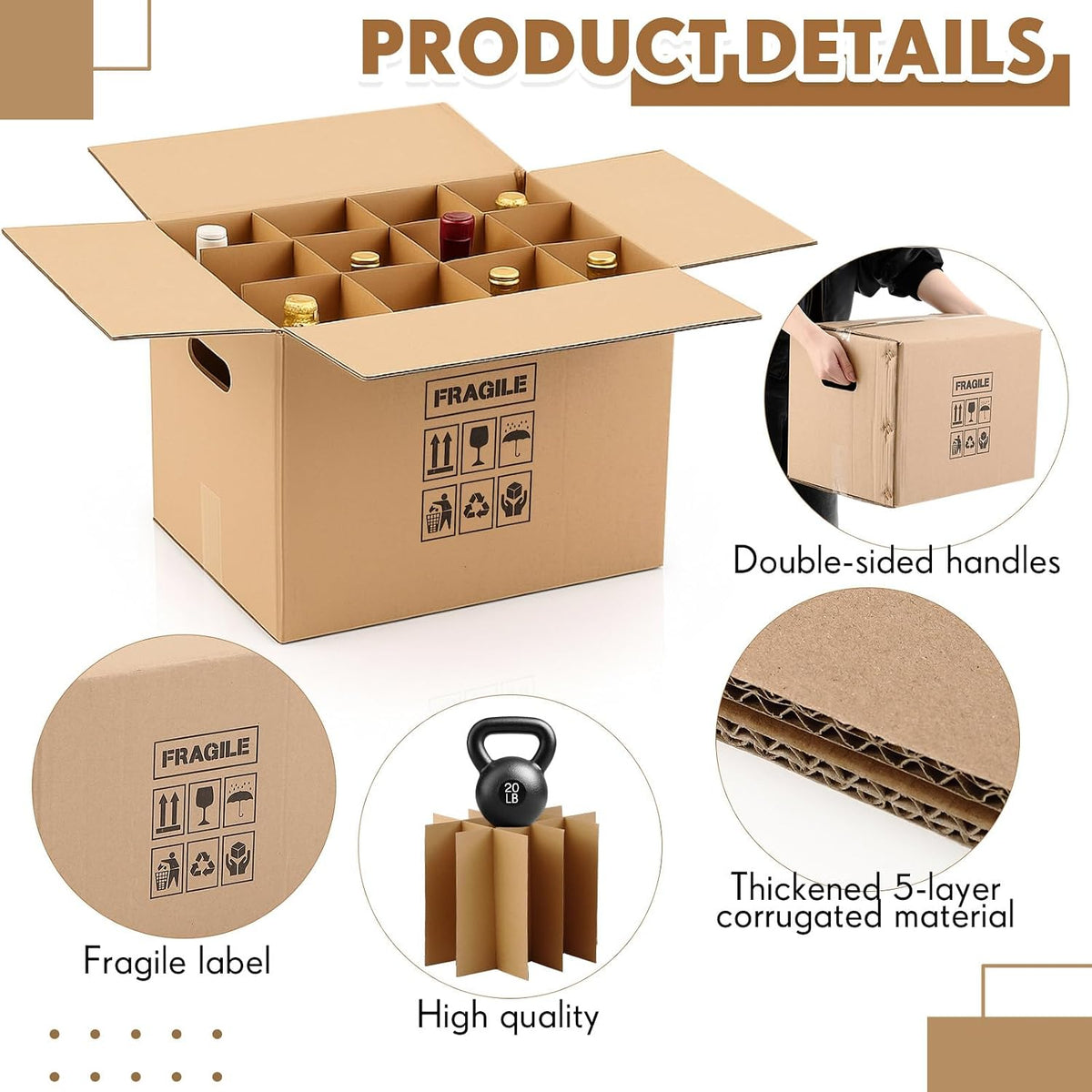 5 Sets Wine Boxes for Moving Kits 16 x 12 x 12 Inch 12 Bottle