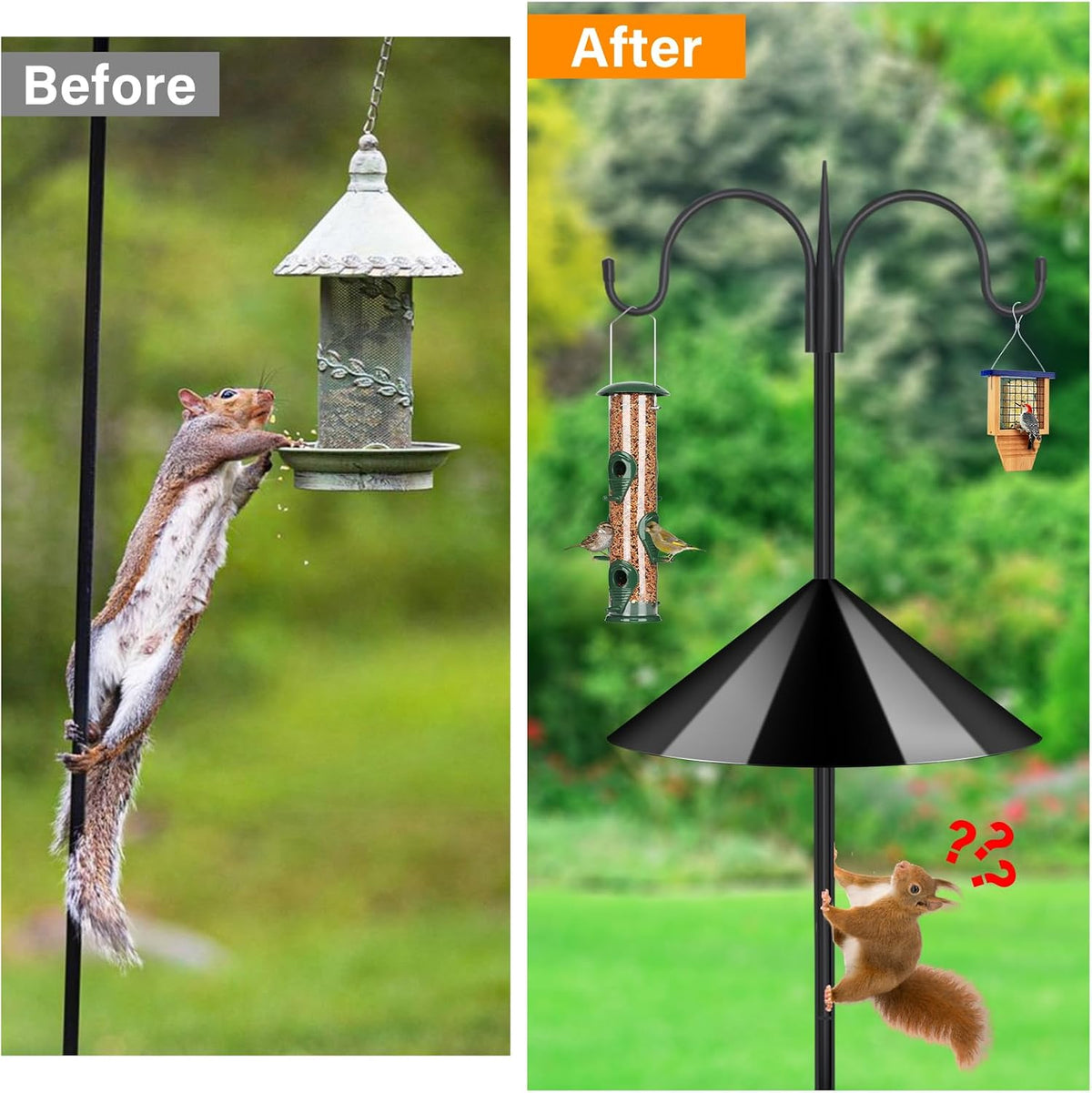 Heavy Duty Shepherds Hook Squirrel-Proof Bird Feeder Pole 92" Double Hooks 5-Prong Base & 19" Baffle for Outdoor