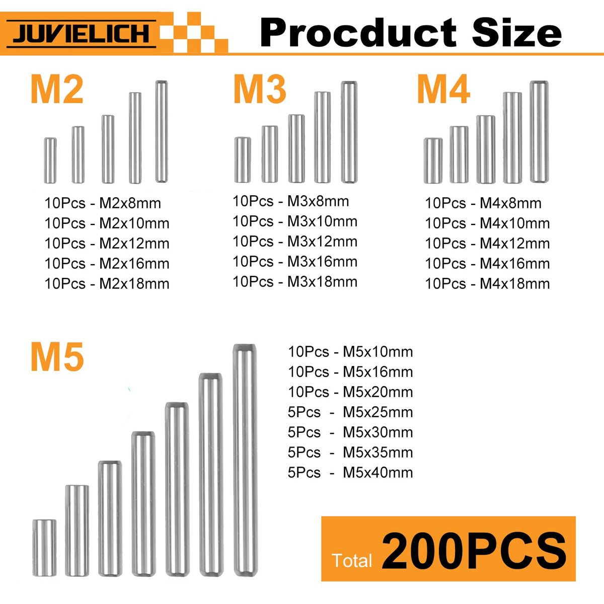 200Pcs Stainless Steel Dowel Pin Assortment Kit - M2 M3 M4 M5
