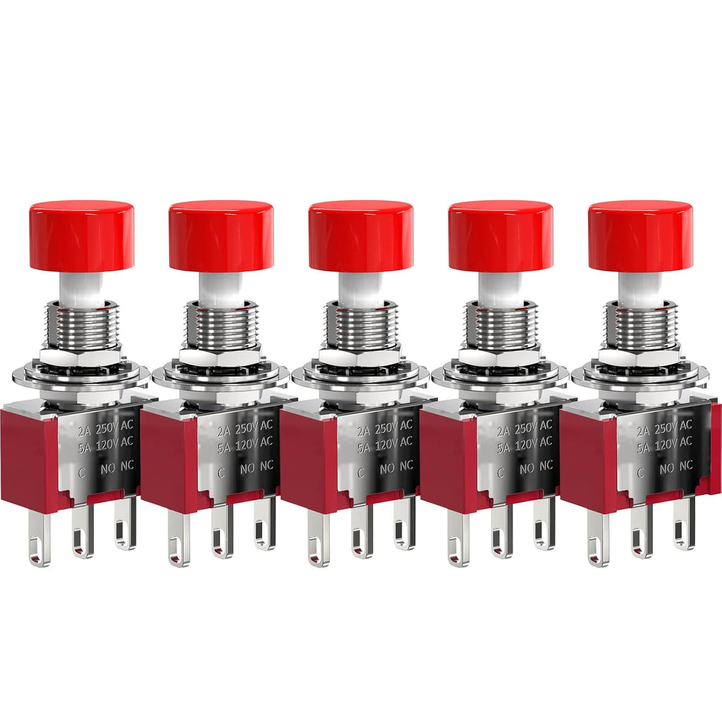 AC 2A/250V 5A/120V 3 Pin Momentary Push Button Switch NO NC with Red Cap 5Pcs