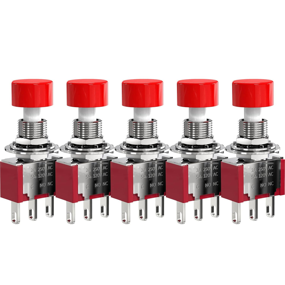 AC 2A/250V 5A/120V 3 Pin Momentary Push Button Switch NO NC with Red Cap 5Pcs
