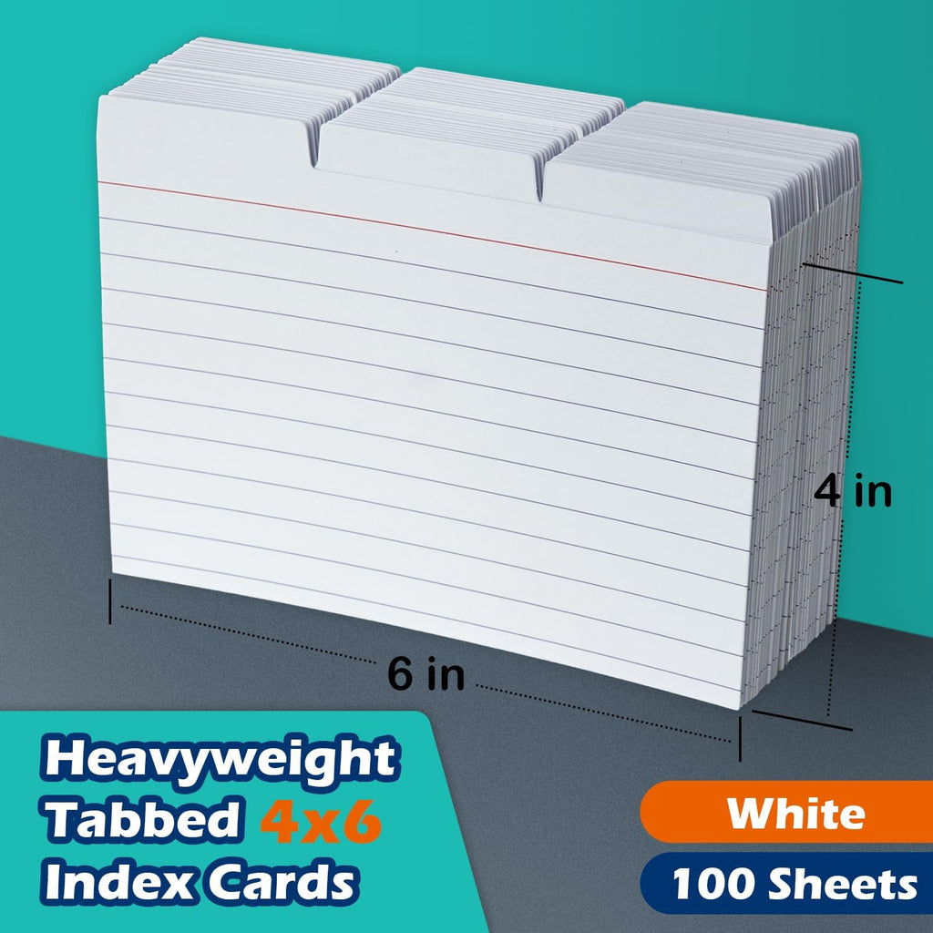 4x6 Tabbed Index Card Dividers with Tabs Blank, White, 100 Pack | 4 x 6 Inch, Lined, 220 GSM Thick Paper, Alphabet or