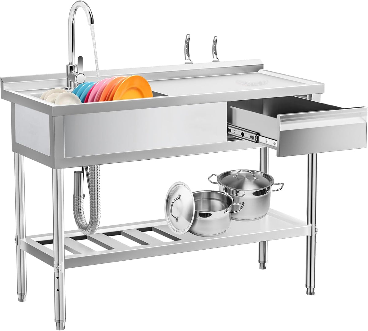 304 Stainless Steel Utility Sink – Free Standing Single Bowl with Workbench, Storage Drawer & Faucet, Hot and Cold