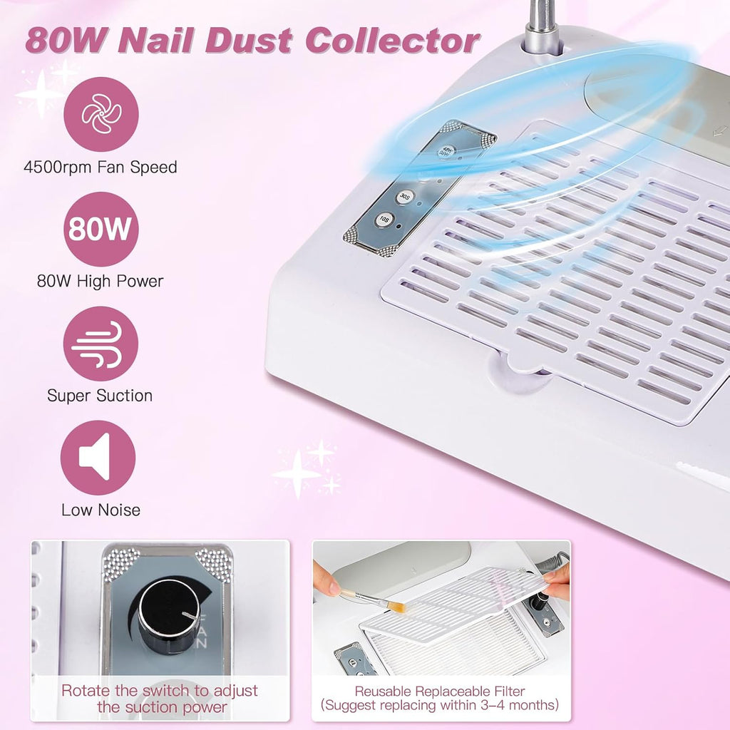 5-in-1 Nail Dust Collector, 30000RPM Drill & UV LED Lamp | 80W Suction, 30,000 RPM Drill, Sual-Power 48W/96W Curing
