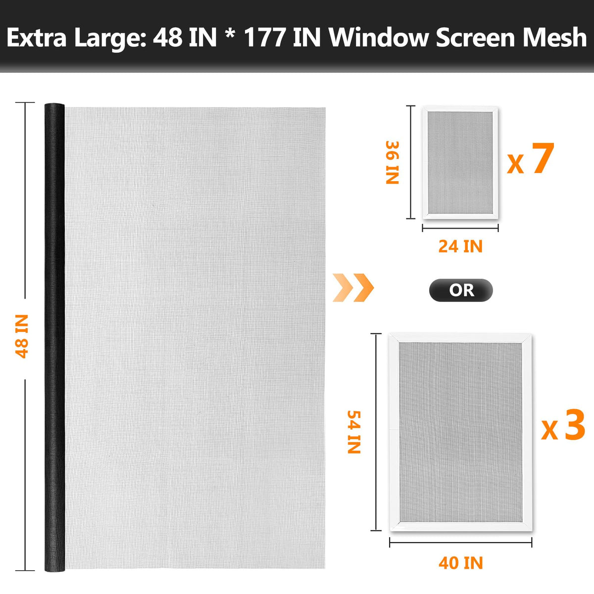 Window Screen and Screen Door Mesh Repair Kit, Black, 48in x 177in