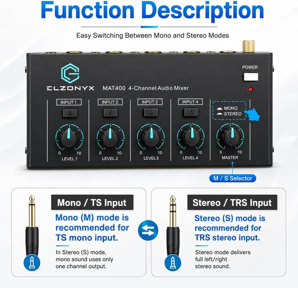 4 Channel Mini Audio Mixer, Stereo Line Mixer with Mono/Stereo Switch, Ultra-Low Noise Sub-Mixer, 1/4" & 1/8" TS/TRS