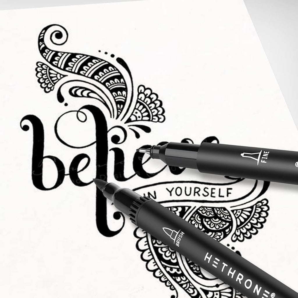 Black Markers for Drawing - Brush Pens with Felt Tips for Artists - Calligraphy Pens, 12 Pack