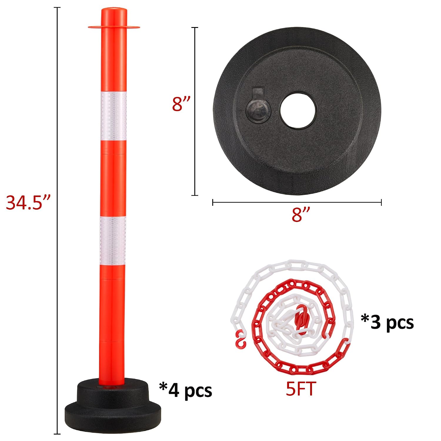 [4 Pack] 34 inch Traffic Delineator Post with Weighted Base, Orange Safety Cones with 5 FT Plastic Chain, Safety