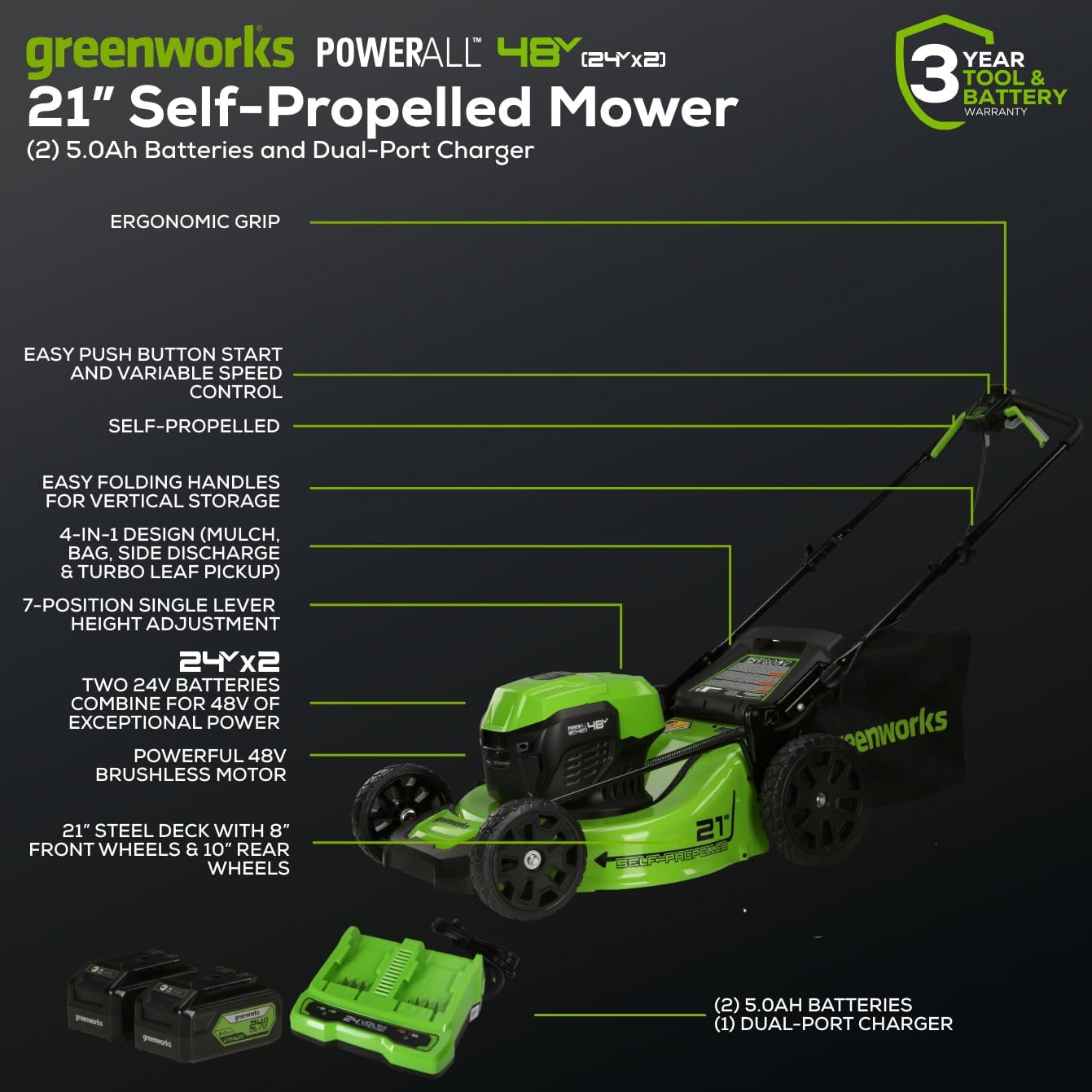 48V 21 in Self-Propelled Lawn Mower, (2) 5.0 Ah Battery Kit
