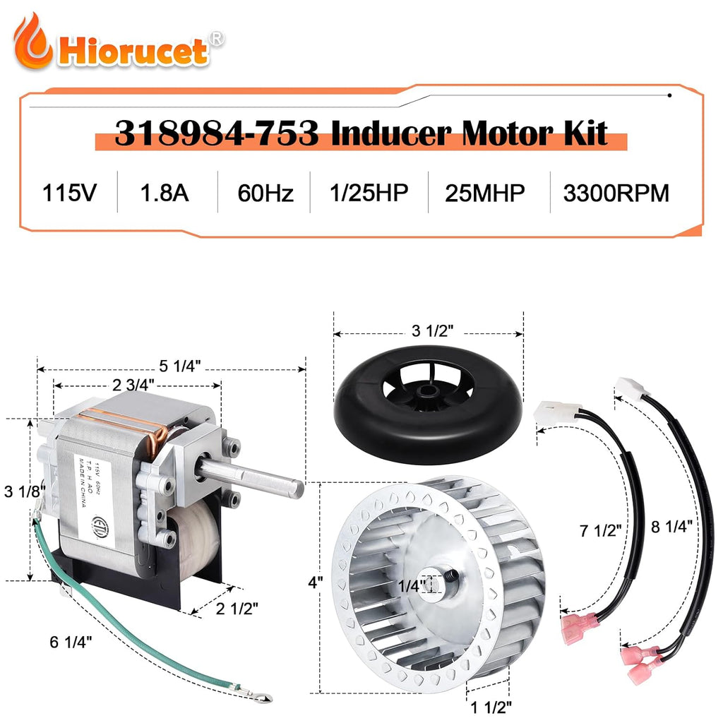 Hiorucet 318984-753 Inducer Motor Assembly with HC21ZE114A Furnace Motor and LA11AA005 Blower Wheel for Jakel, Carrier, Payne, Bryant Furnace, J238-150-1571, 310371-752, HC21ZE117, 65569, 318984753.
