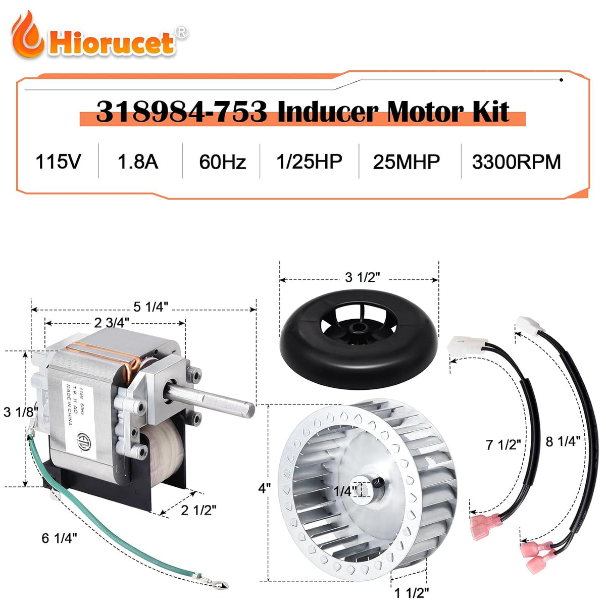 Hiorucet 318984-753 Inducer Motor Assembly with HC21ZE114A Furnace Motor and LA11AA005 Blower Wheel for Jakel, Carrier, Payne, Bryant Furnace, J238-150-1571, 310371-752, HC21ZE117, 65569, 318984753.