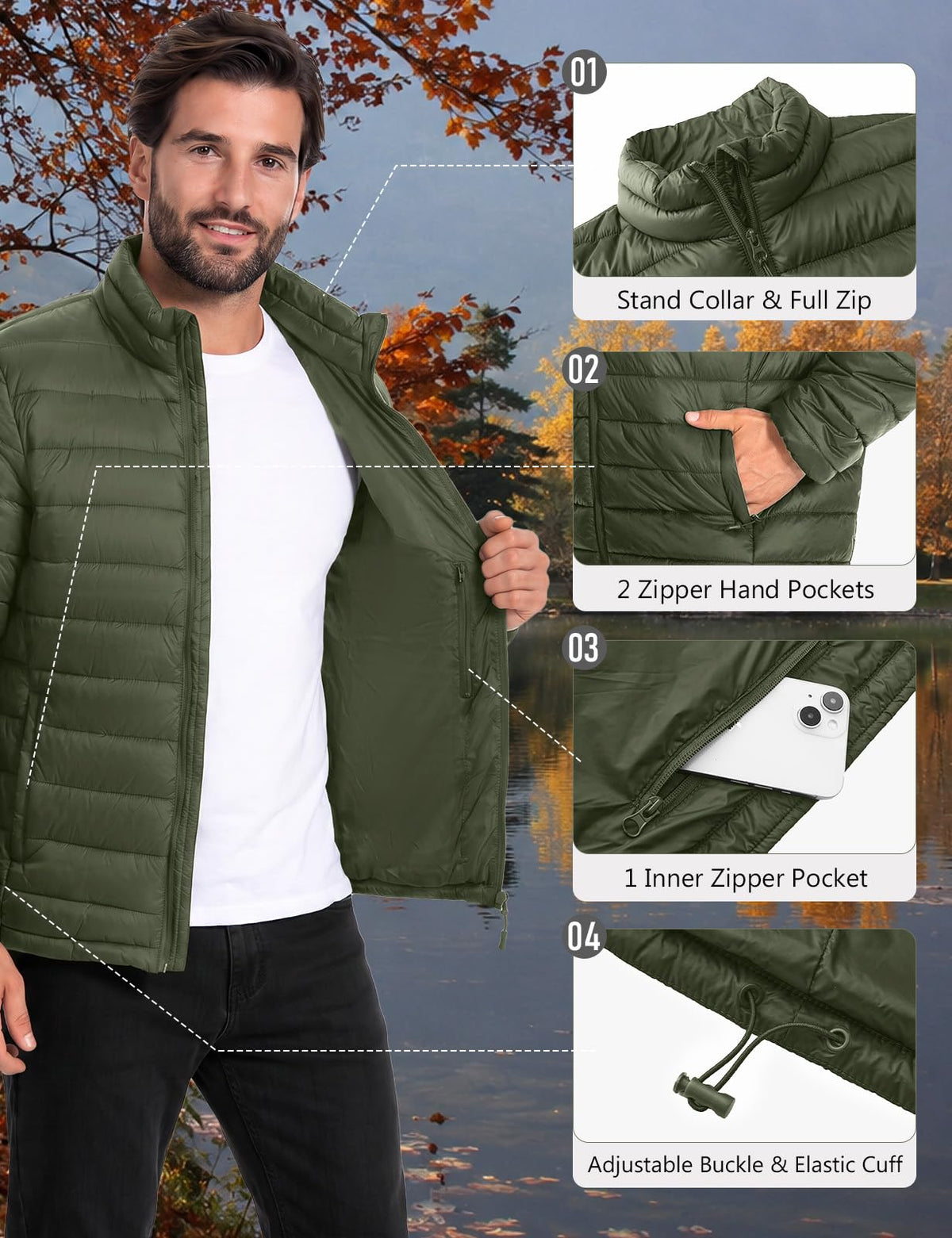 Mens Puffer Jacket Lightweight Winter Insulated Coat