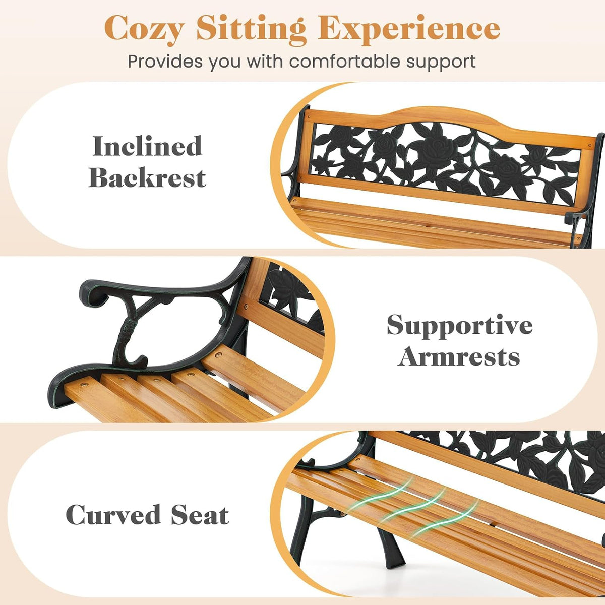 Outdoor Bench with Slatted Seat, Curved Armrests, Flower Pattern Backrest, 470 Lbs Capacity, Cast Iron Metal Patio