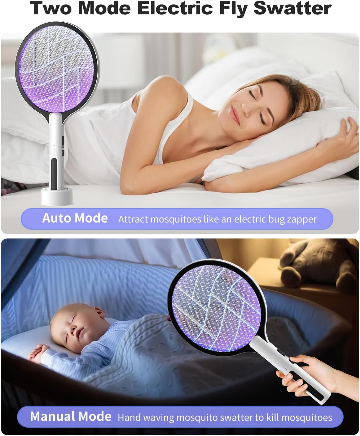 Electric Fly Swatter 4500V Bug Zapper Racket, 2 in 1 Handheld Fly Zapper & Purple Mosquito Killer Rechargeable and