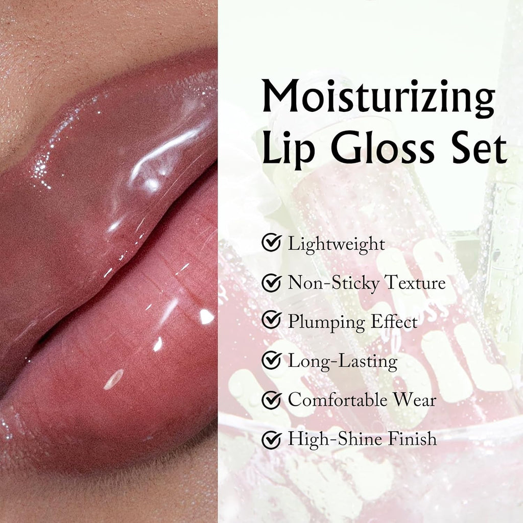 4 Colors Hydrating Lip Oil with Brown Lip Liner Set, Moisturizing Lip Combo High Pigmented Lightweight Glossy Liquid