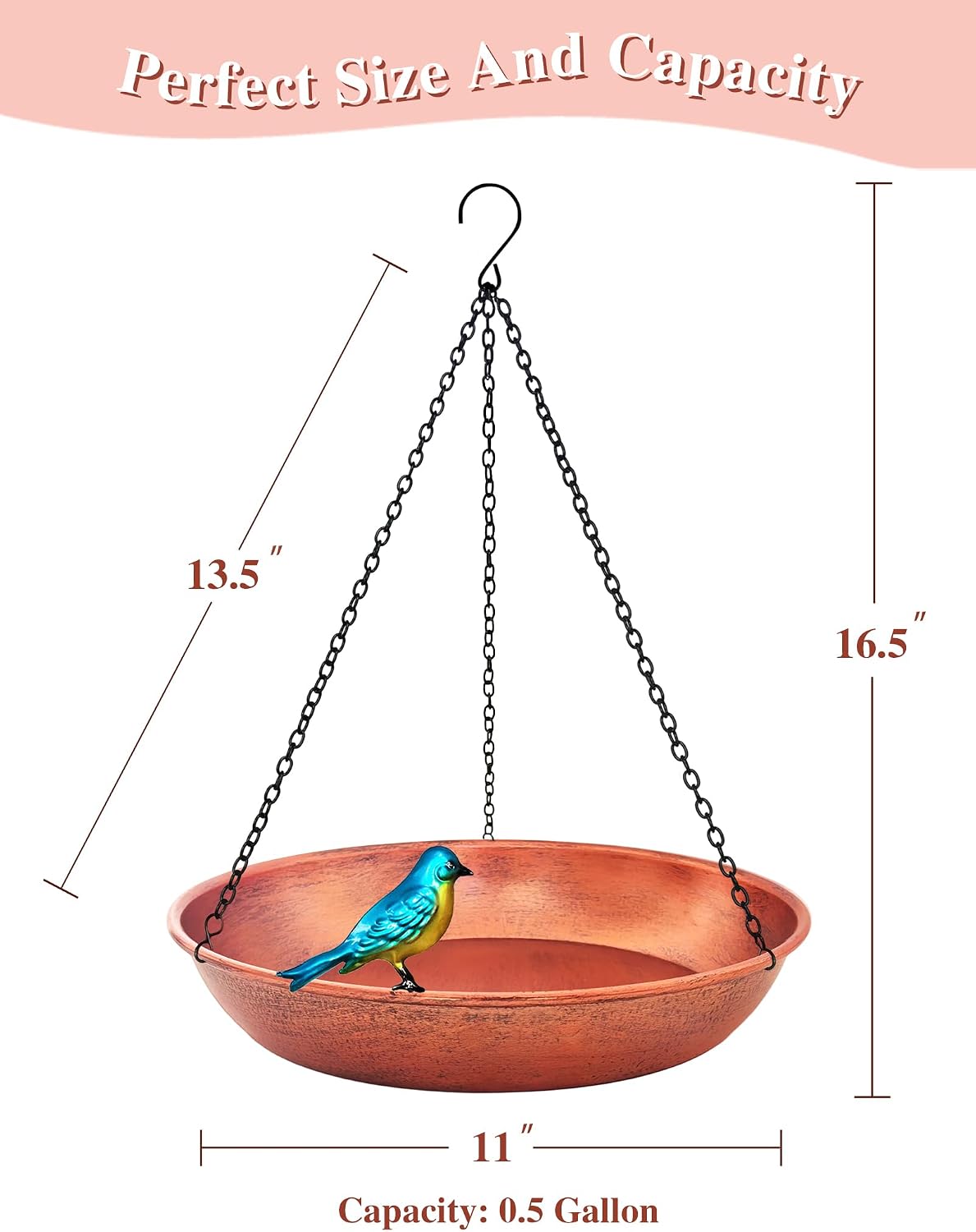 Hanging Bird Bath & Feeder Outdoor, 11" Antique Copper Metal Birdbath Bowl