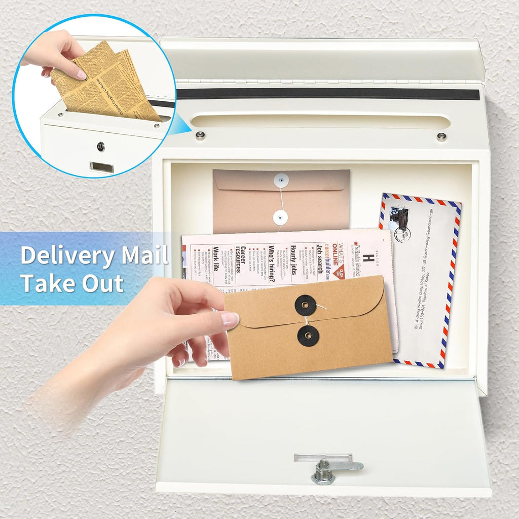 Wall Mount Locking Mailbox, White Modern Mail Box for Outside, Galvanized Steel Large Capacity 14" Mailbox for House