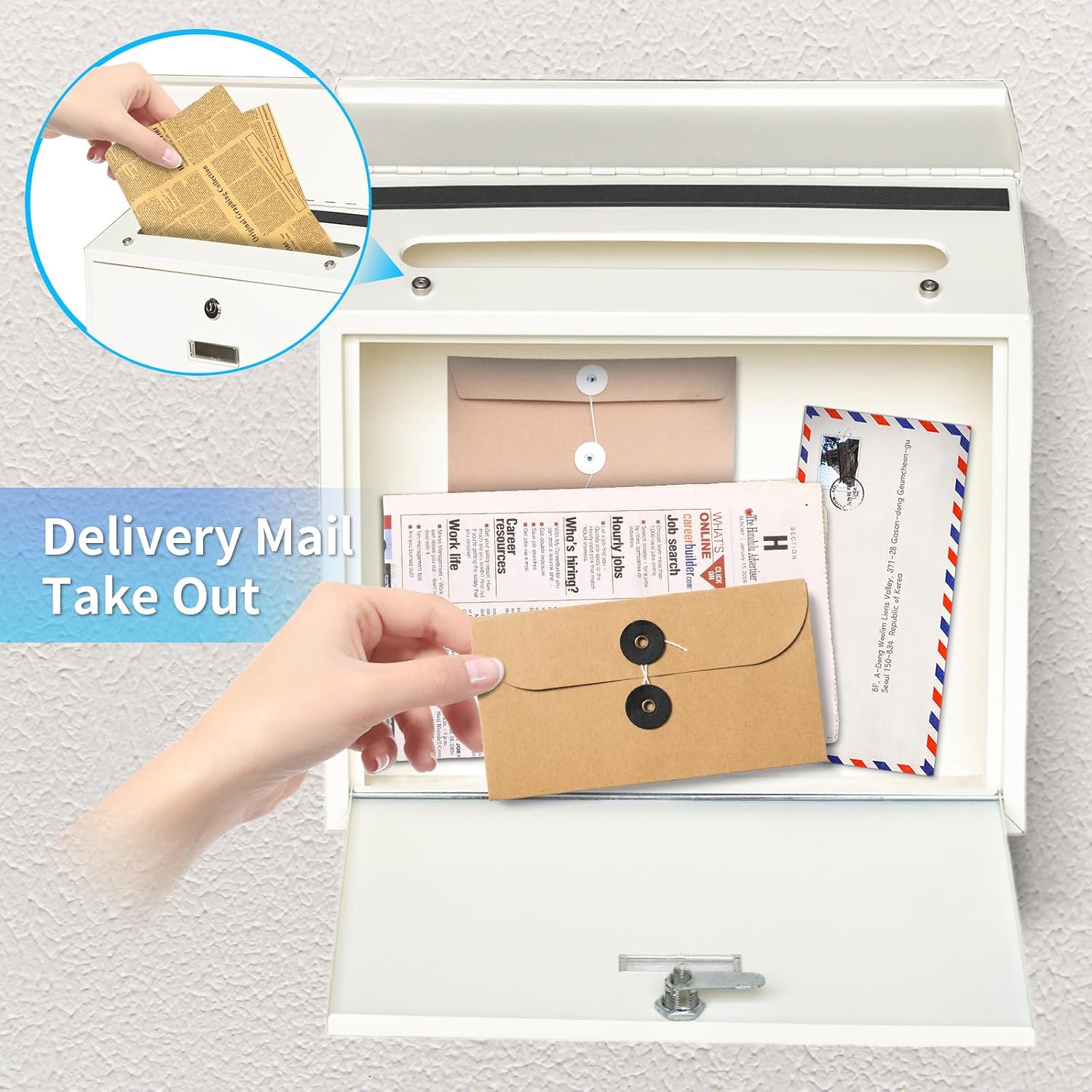Wall Mount Locking Mailbox, White Modern Mail Box for Outside, Galvanized Steel Large Capacity 14" Mailbox for House