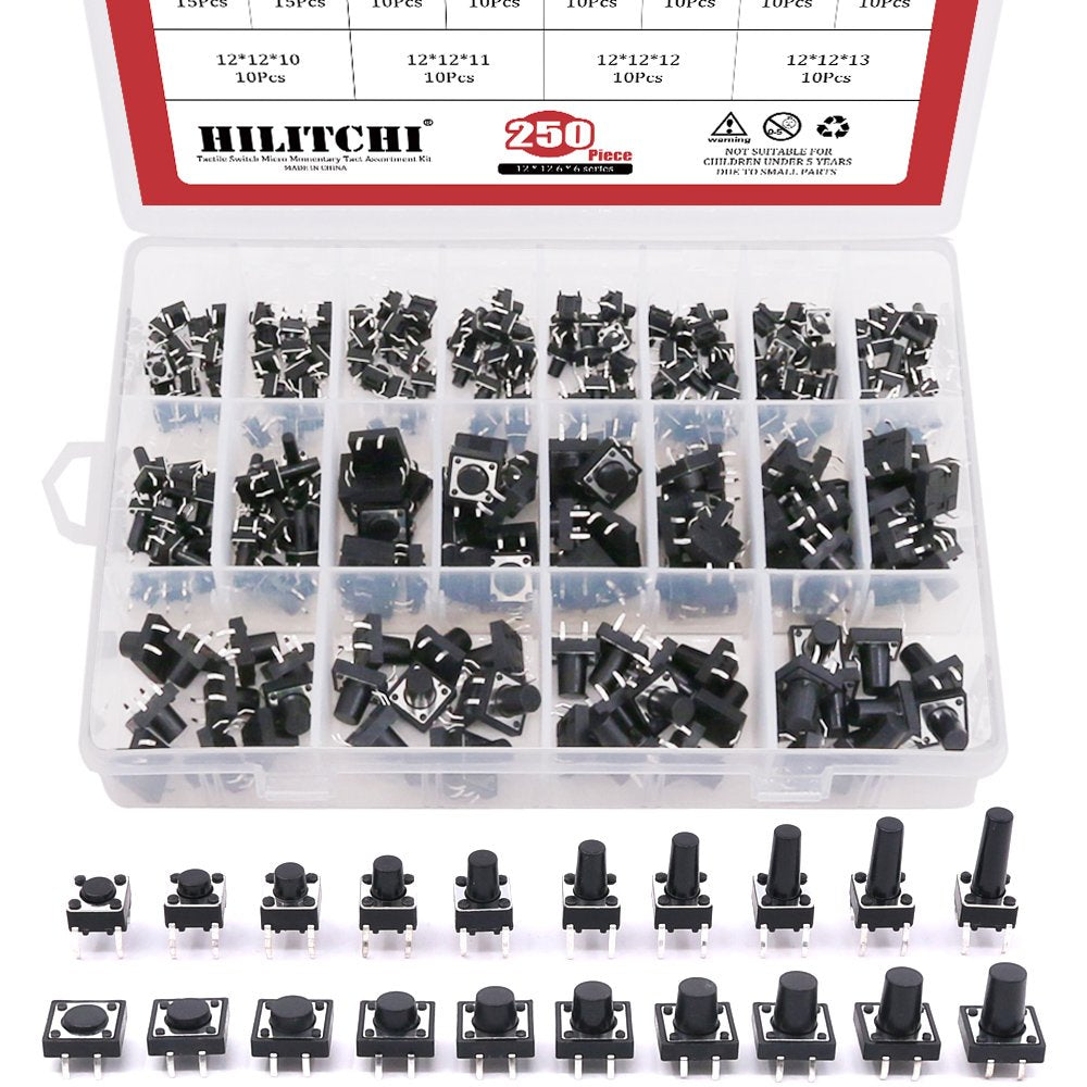 Hilitchi 250-Pcs 6 x 6mm 12 x 12mm Tactile Push Button Switch Micro Momentary Tact Assortment Kit - 20 Value / 4 Pins