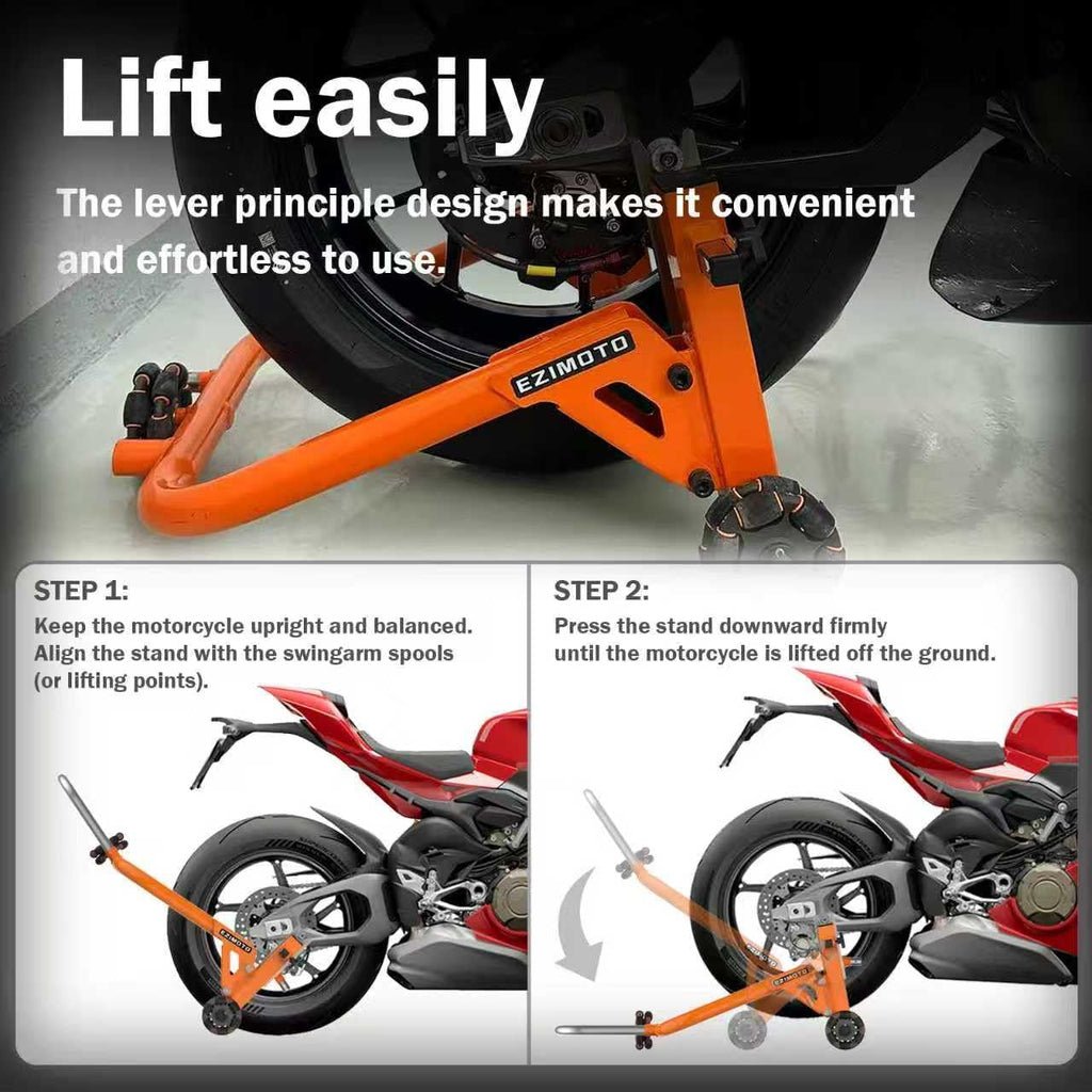 Sport Motorcycle Rear Stand,Paddock Stand, 360° Movable Lift Stand, Heavy Duty with Wheels, 880 lb Capacity (Orange
