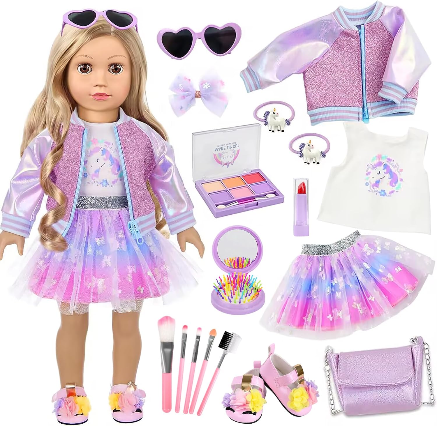 American 18 Inch Doll Makeup Accessories and Clothes Set Includes 18 Inch Doll Clothes and Shoes Bag Makeup Brush Set