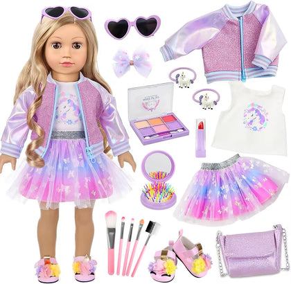 American 18 Inch Doll Makeup Accessories and Clothes Set Includes 18 Inch Doll Clothes and Shoes Bag Makeup Brush Set