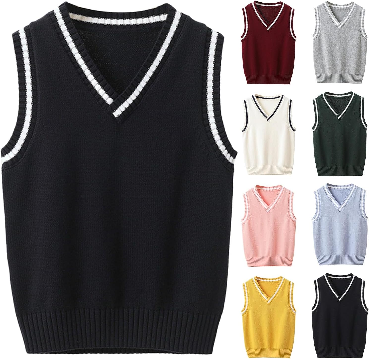 Boys Girls Sweater Vest 100% Cotton V-Neck Vests Kids Uniform Sleeveless Knit Sweaters for Children