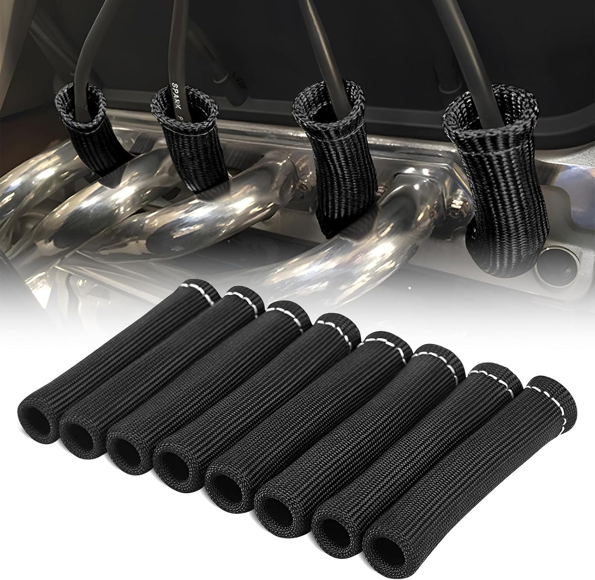 JUSTTOP 8PCS Spark Plug Wire Heat Shield Sleeve 2500°Spark Plug Heat Shield Sleeve,6 Inch Spark Plug Heat Sleeve Protection Cover Replacement for LS1/LS2 SBC BBC 350 454(Black)