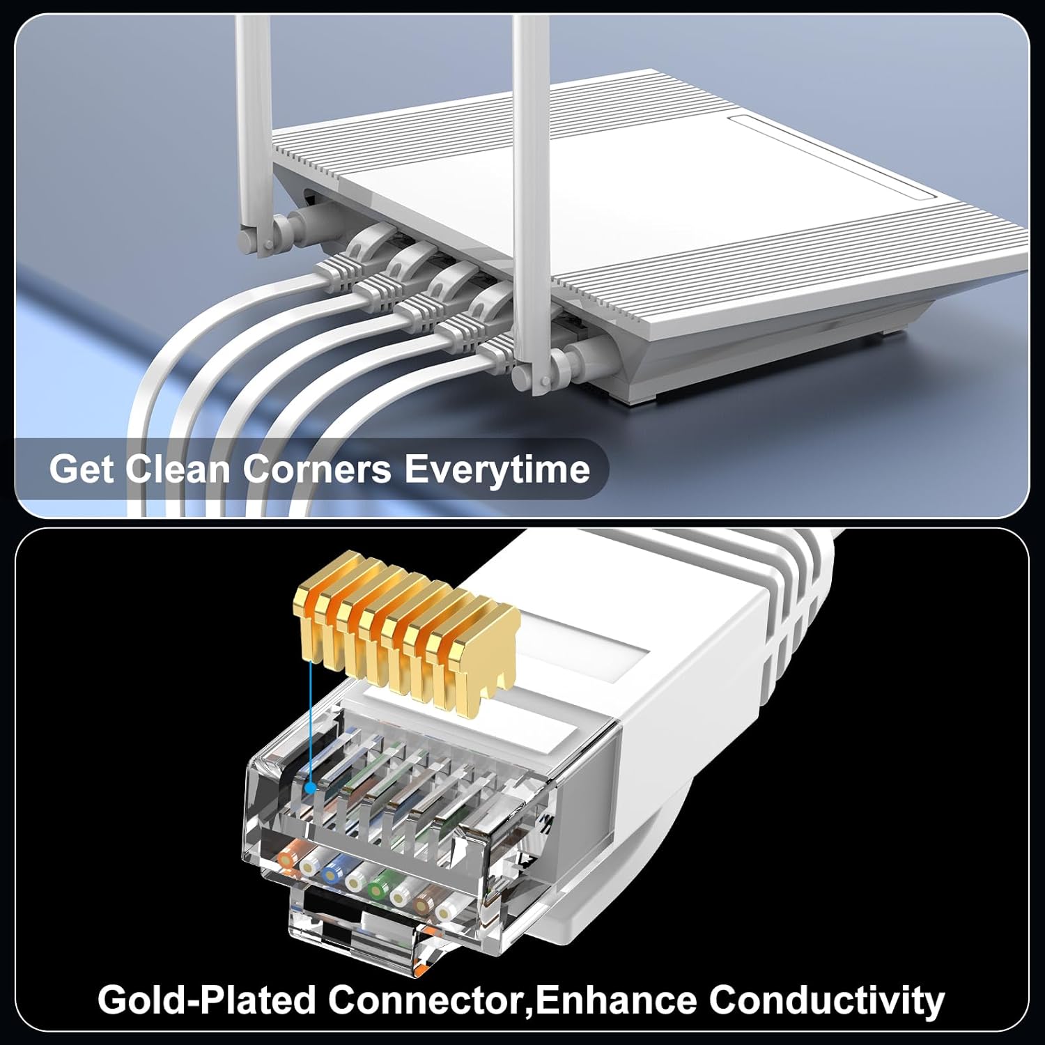 Cat 6 Flat Ethernet Cable 50ft, 10Gbps, White | 30AWG OFC, 550MHz, Snagless Gold-Plated RJ45, Flat Low-Profile Design
