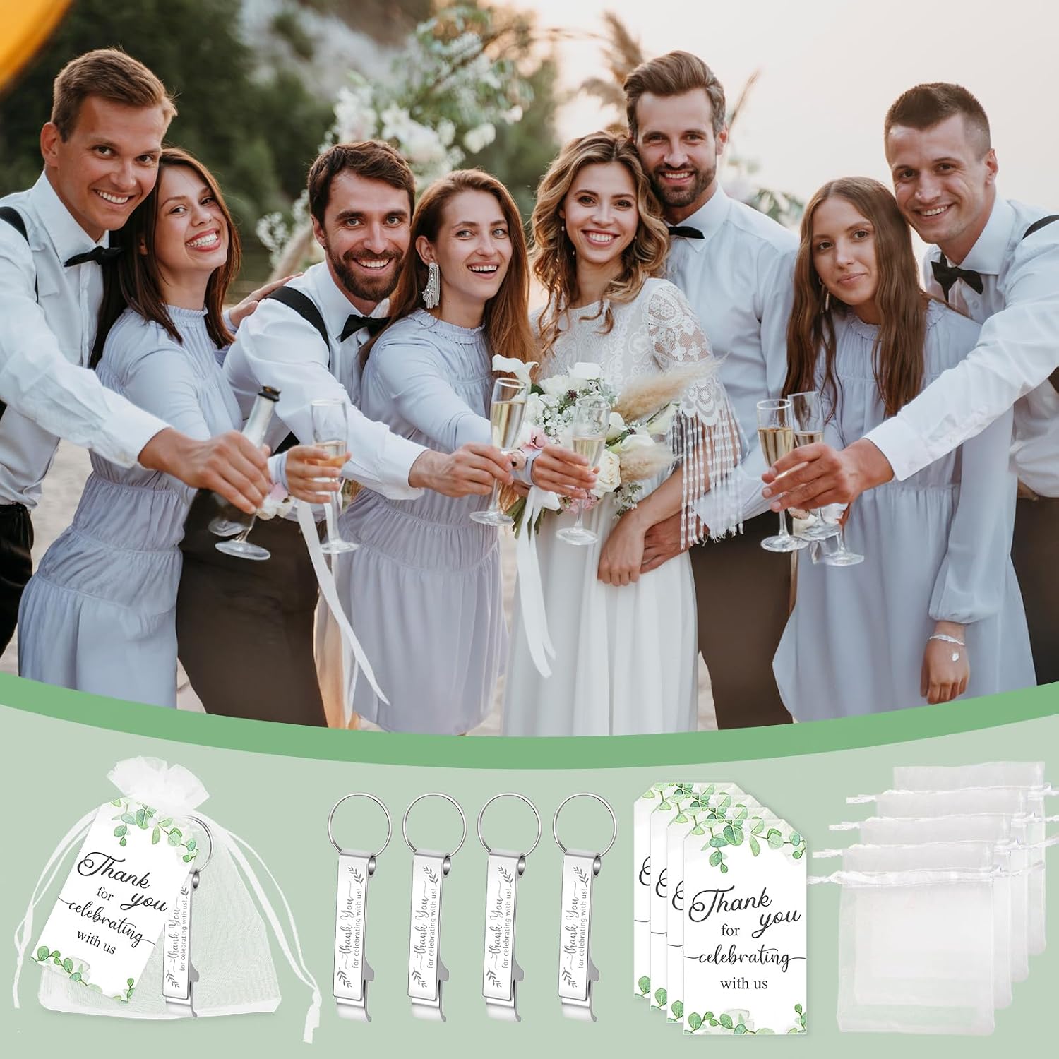 50 Sets Wedding Favors: Bottle Opener Keychains, Thank You Cards & Organza Bags for Guests