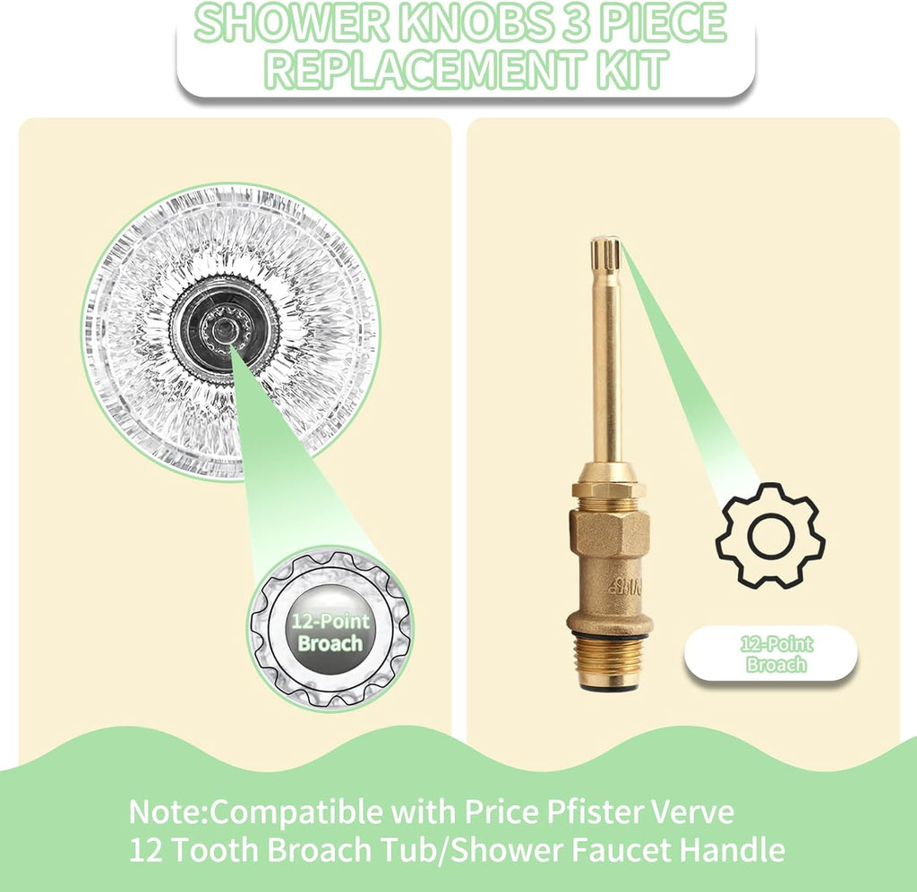 39619 Bathtub Shower Handle Remodel/Rebuild Trim Kit, Shower Knob 3 Piece for Price Pfister Verve Faucets, Includes 12H-2H, 12H-2C, 12H-18D Stems and Tubs knob Handle and Flange Base (Brushed Nickel)