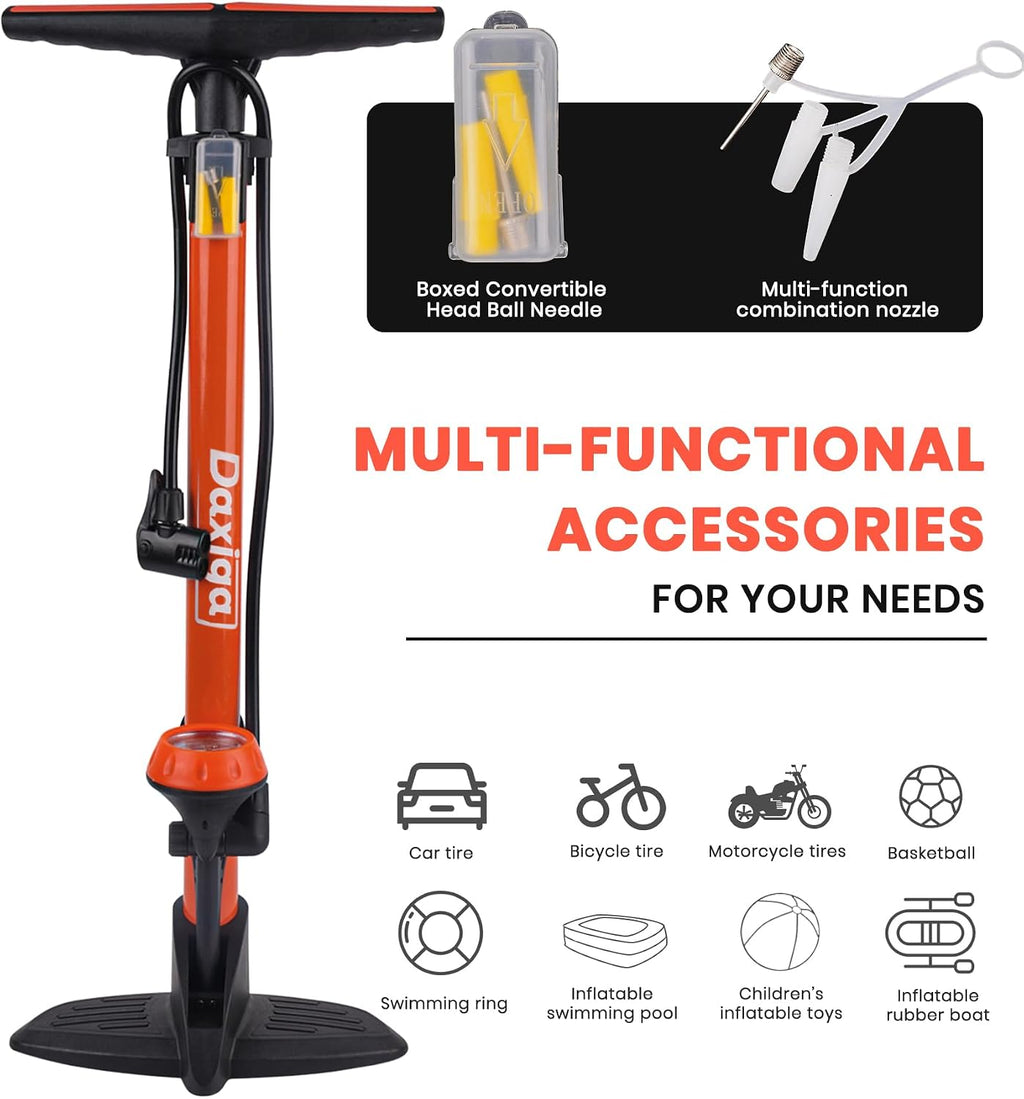 Bike Floor Pump with Gauge, 160 PSI High Pressure, Presta & Schrader Compatible Bicycle Pump for Road Bike, MTB &