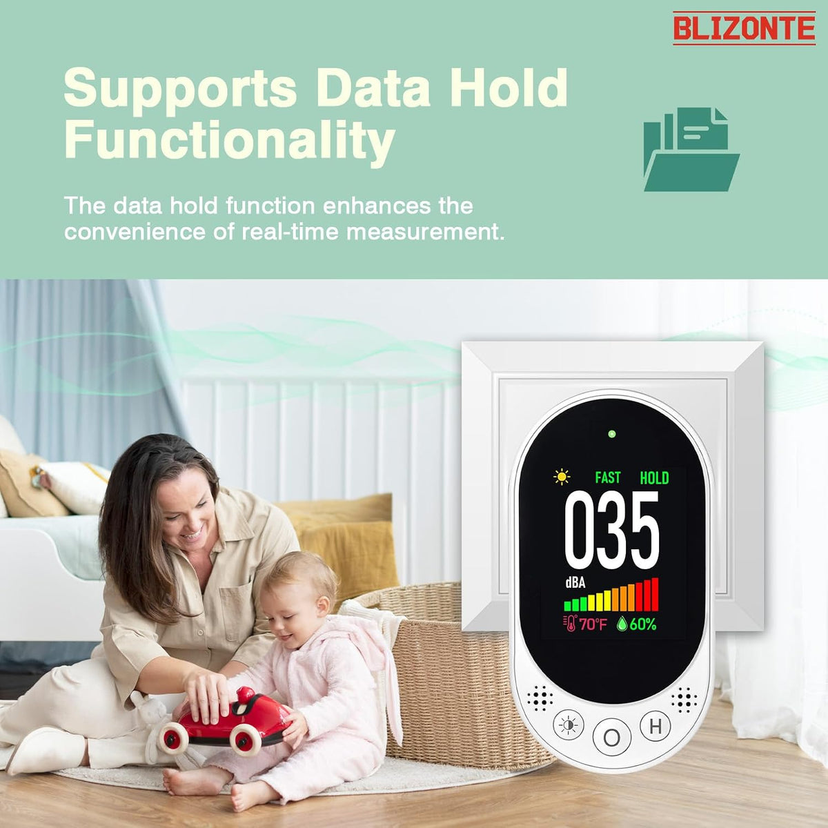 Decibel Meter Plug-in Wall, 3-in-1 Noise Detector(Noise,Temp and Humidity) with Fast/Slow Refresh Rate, MAX/MIN and Data Hold, 30–130 dBA Decibel Range for Rentals, Home, Classroom, Library