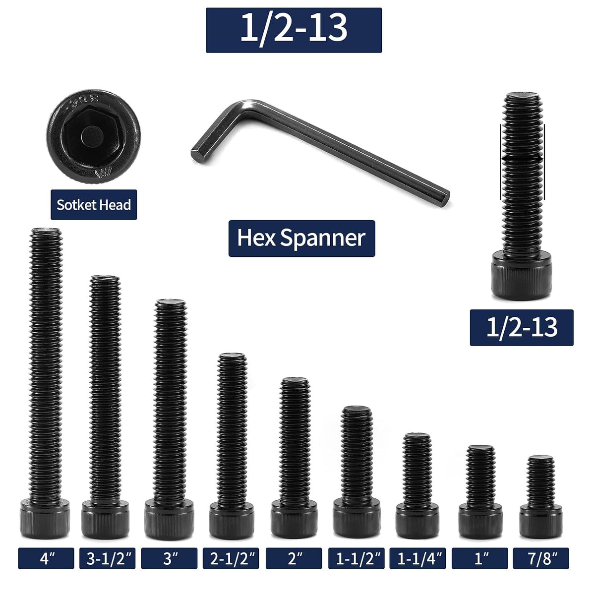 1/2-13 x 2-1/2" Socket Head Cap Screws Bolts, 10Pcs 304 Stainless Steel 18-8, Allen Socket Hex Drive, Full Thread, Black Oxide by SG TZH(with Hex Spanner)
