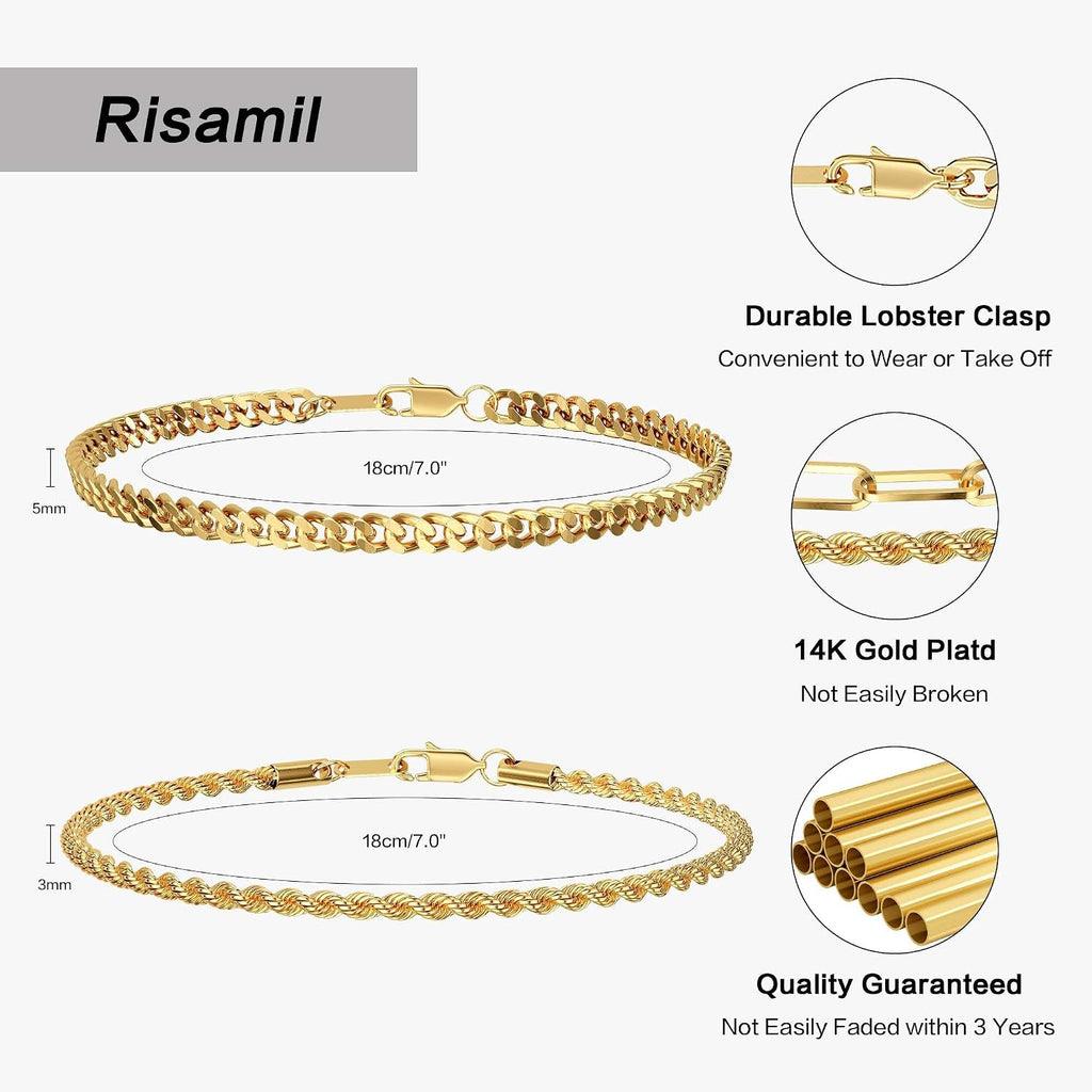 Mens Bracelet, 14K Gold Plated/Streling Silver Bracelets for Men Layered Cuban Rope Chain Bracelets 3mm/5mm Dainty