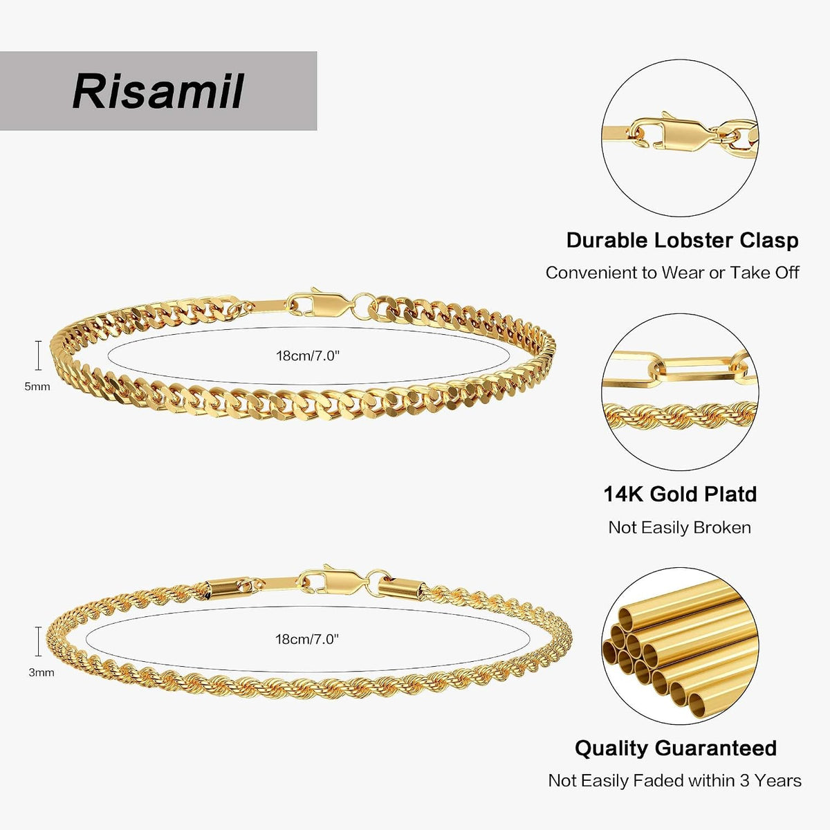 Mens Bracelet, 14K Gold Plated/Streling Silver Bracelets for Men Layered Cuban Rope Chain Bracelets 3mm/5mm Dainty