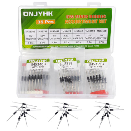 7Values 5W Zener Diode Kit 1N5338B 5.1V 1N5339B 5.6V 1N5340B 6V 1N5342B 6.8V 1N5346B 9.1V 1N5349B 12V 1N5359B 24V 5Watt Diodes Assorted